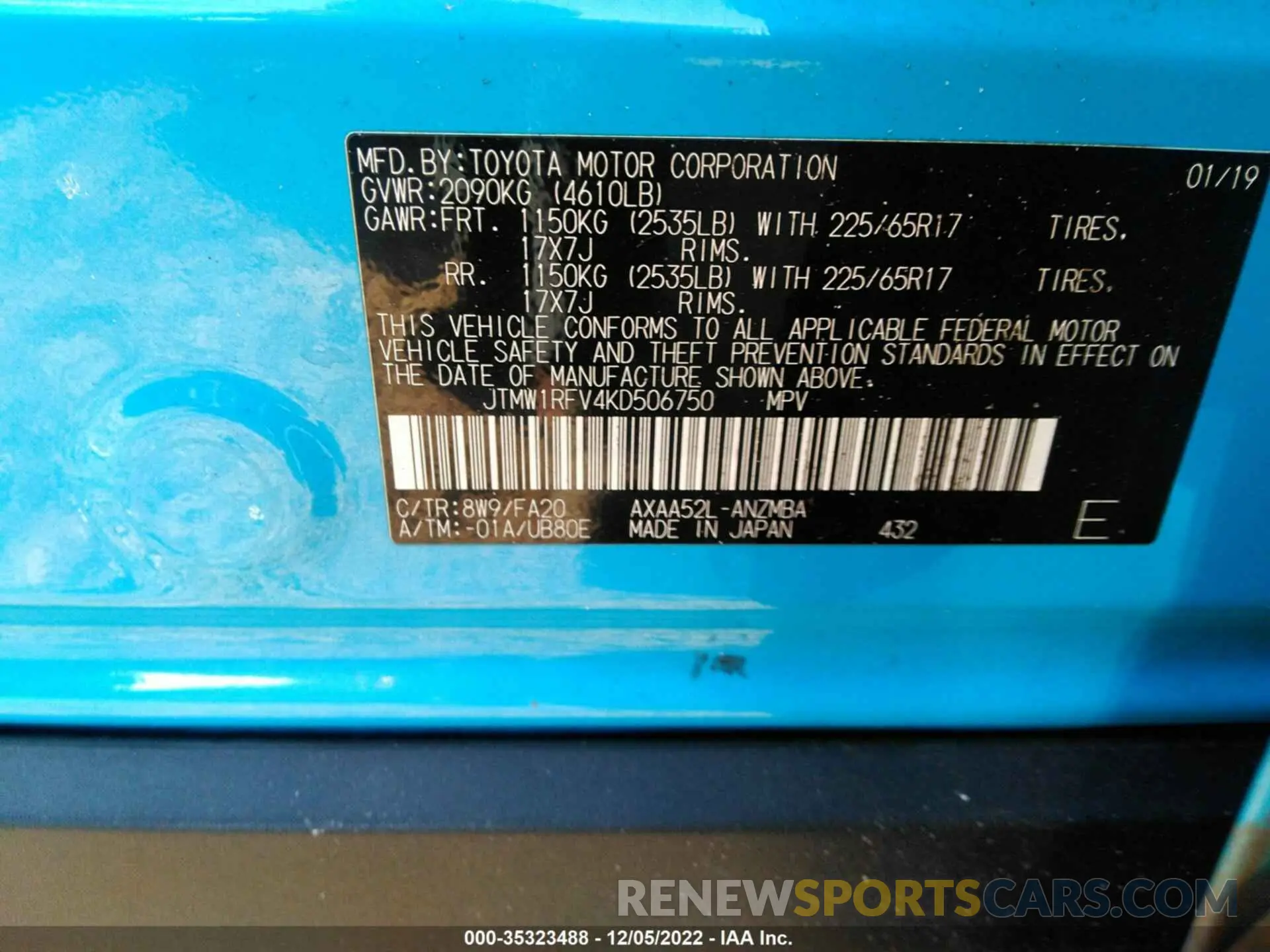 9 fotografías del automóvil dañado JTMW1RFV4KD506750 TOYOTA RAV4 2019