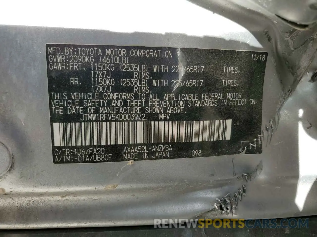 14 fotografías del automóvil dañado JTMW1RFV5KD003972 TOYOTA RAV4 2019