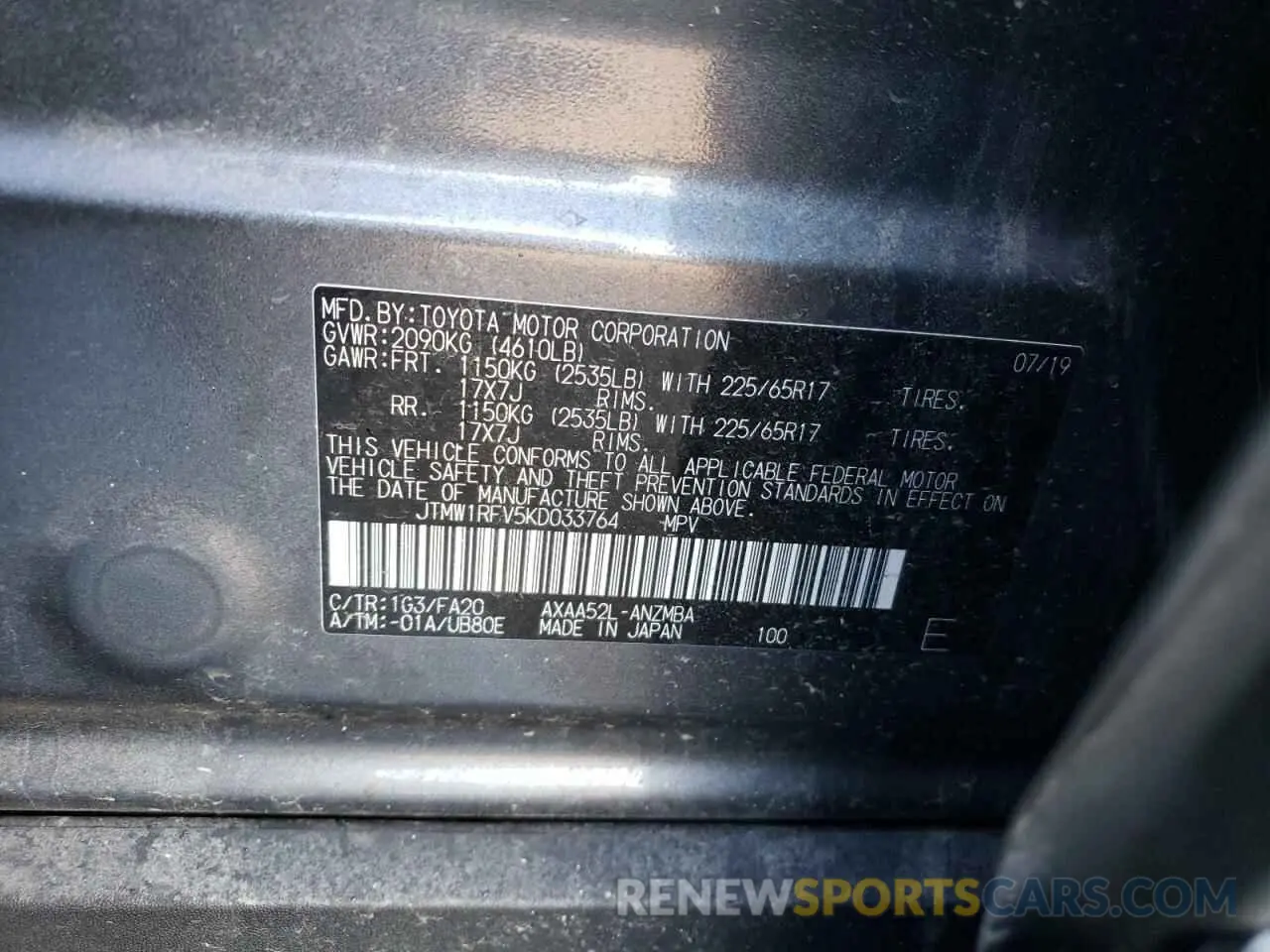 13 fotografías del automóvil dañado JTMW1RFV5KD033764 TOYOTA RAV4 2019