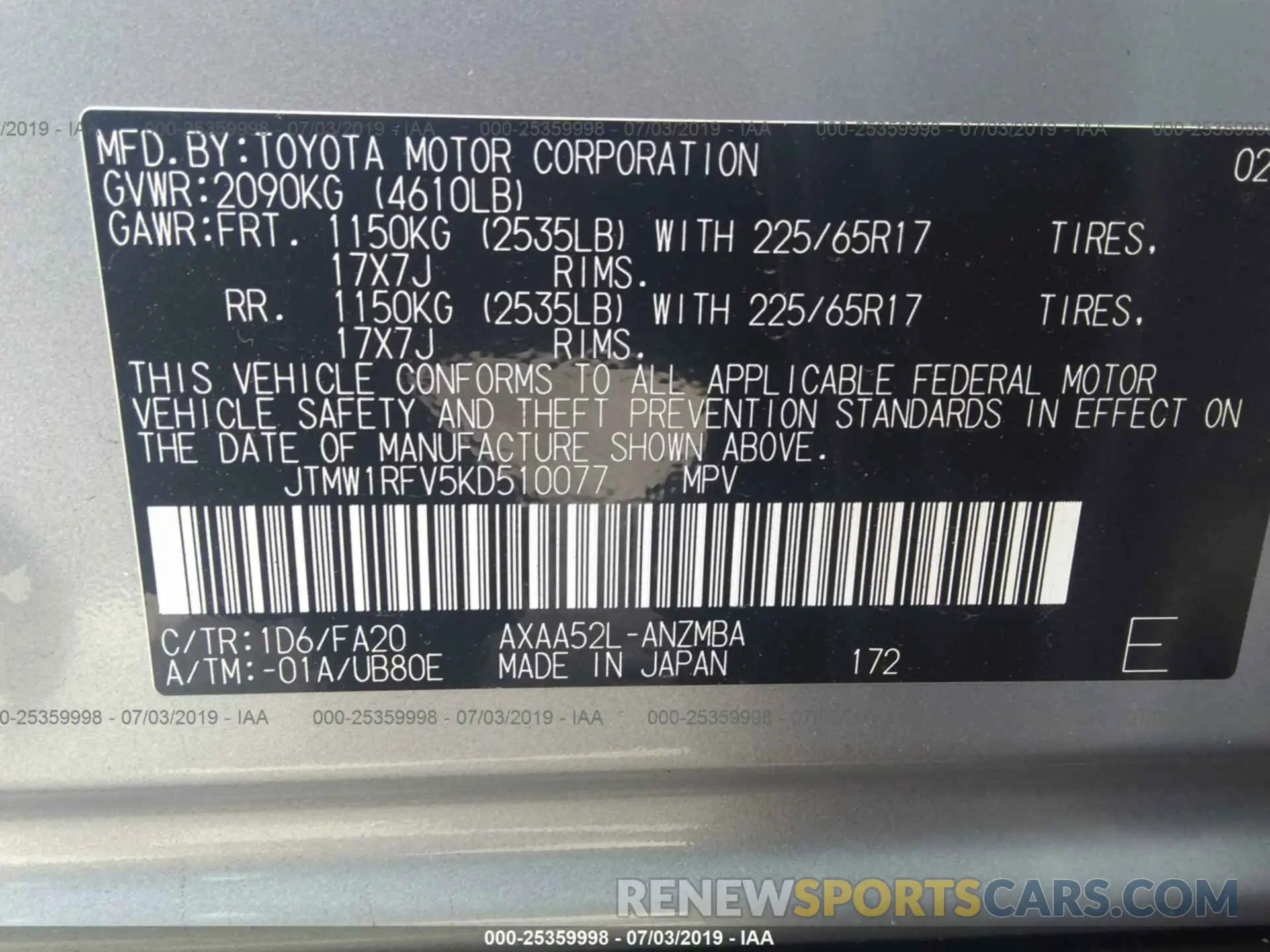 9 fotografías del automóvil dañado JTMW1RFV5KD510077 TOYOTA RAV4 2019