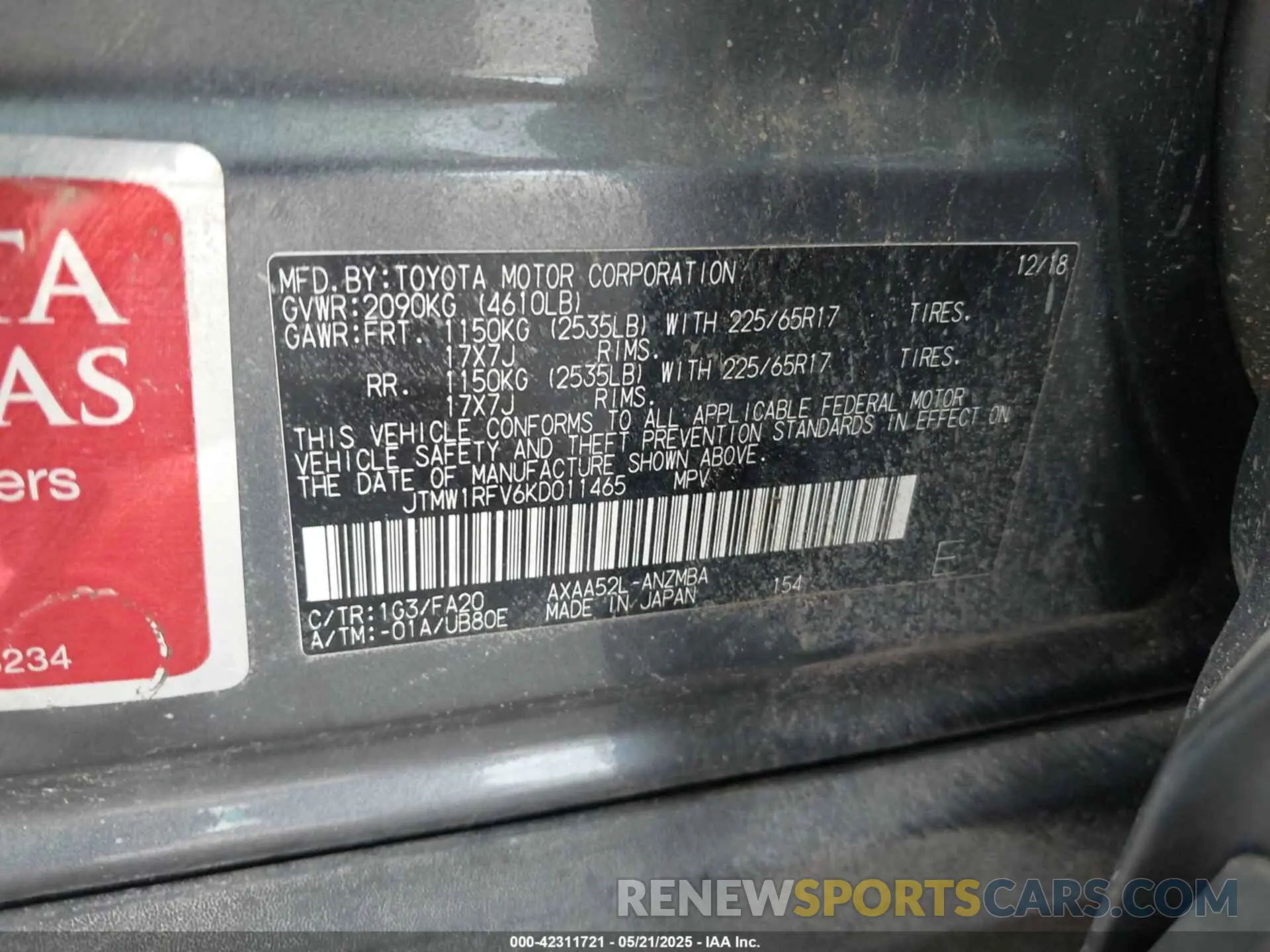 9 fotografías del automóvil dañado JTMW1RFV6KD011465 TOYOTA RAV4 2019