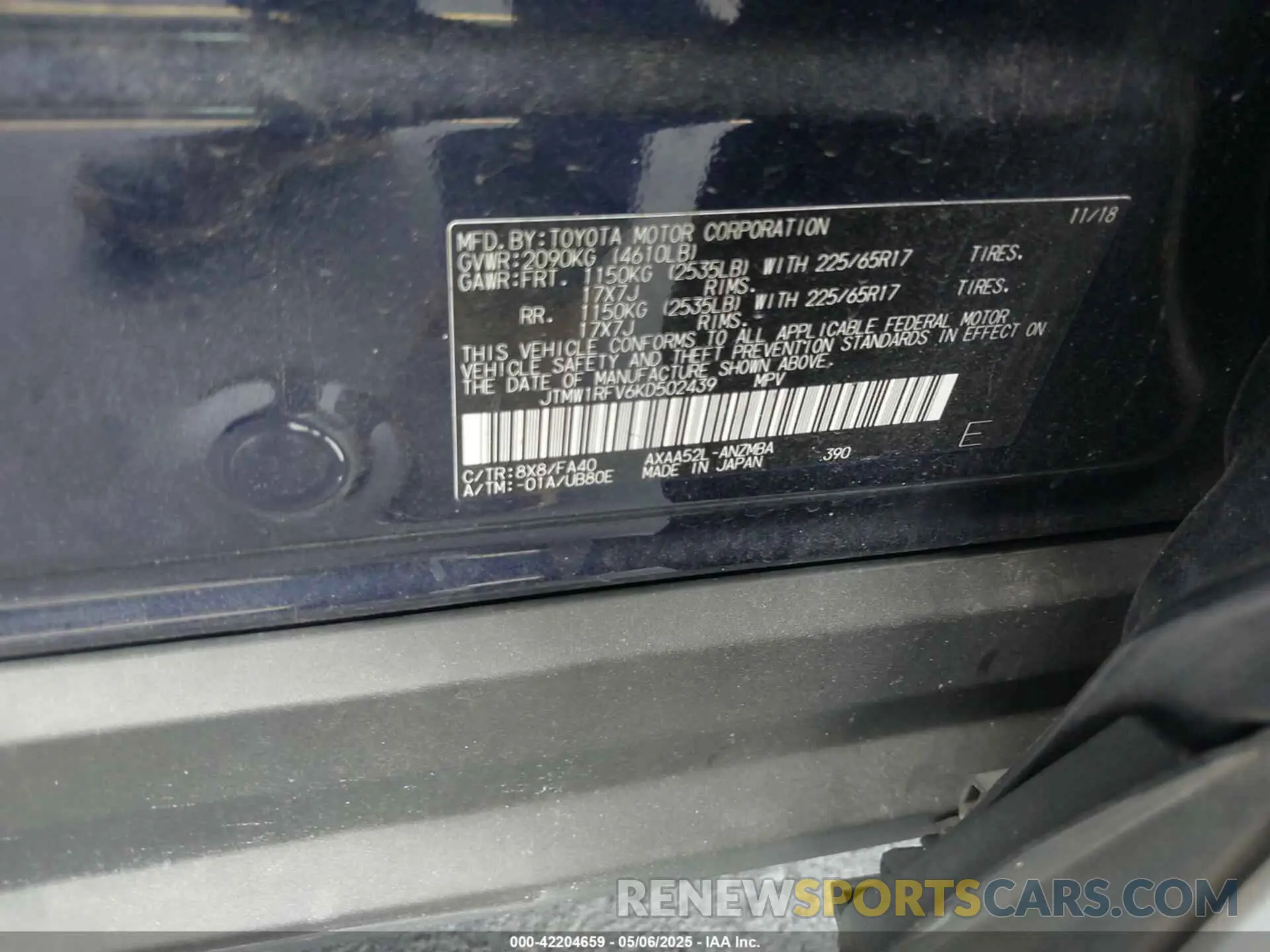 9 fotografías del automóvil dañado JTMW1RFV6KD502439 TOYOTA RAV4 2019