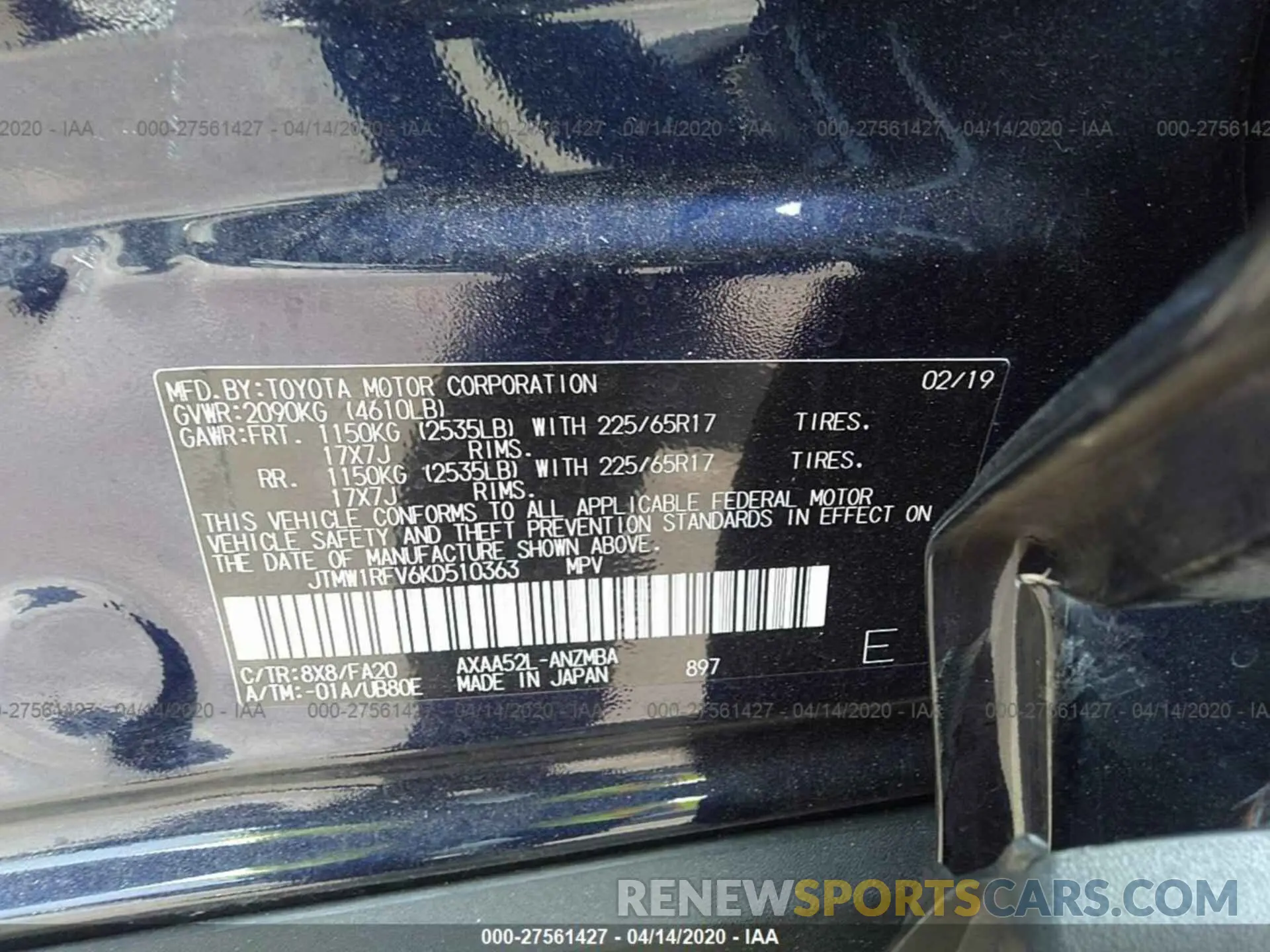 9 fotografías del automóvil dañado JTMW1RFV6KD510363 TOYOTA RAV4 2019