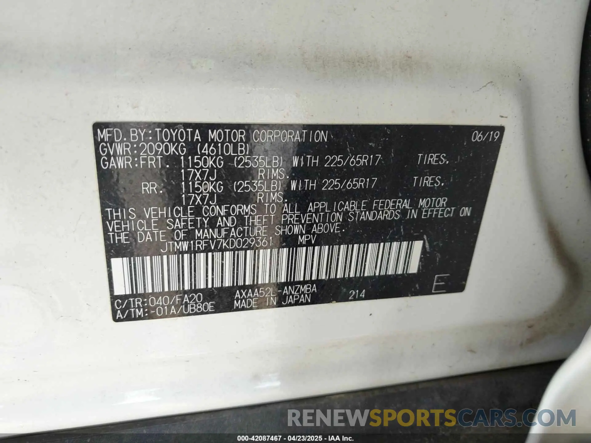 9 fotografías del automóvil dañado JTMW1RFV7KD029361 TOYOTA RAV4 2019