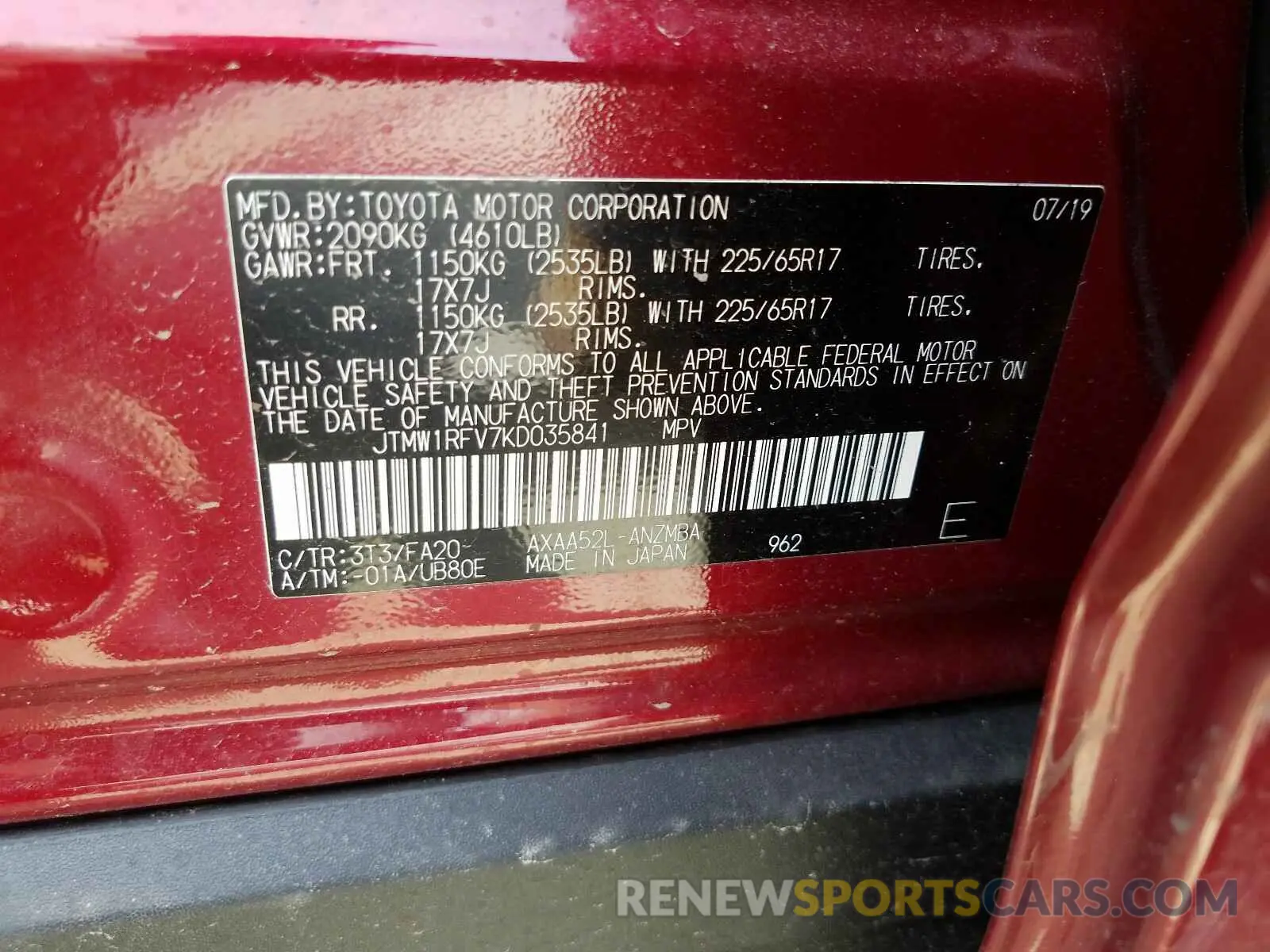 10 fotografías del automóvil dañado JTMW1RFV7KD035841 TOYOTA RAV4 2019