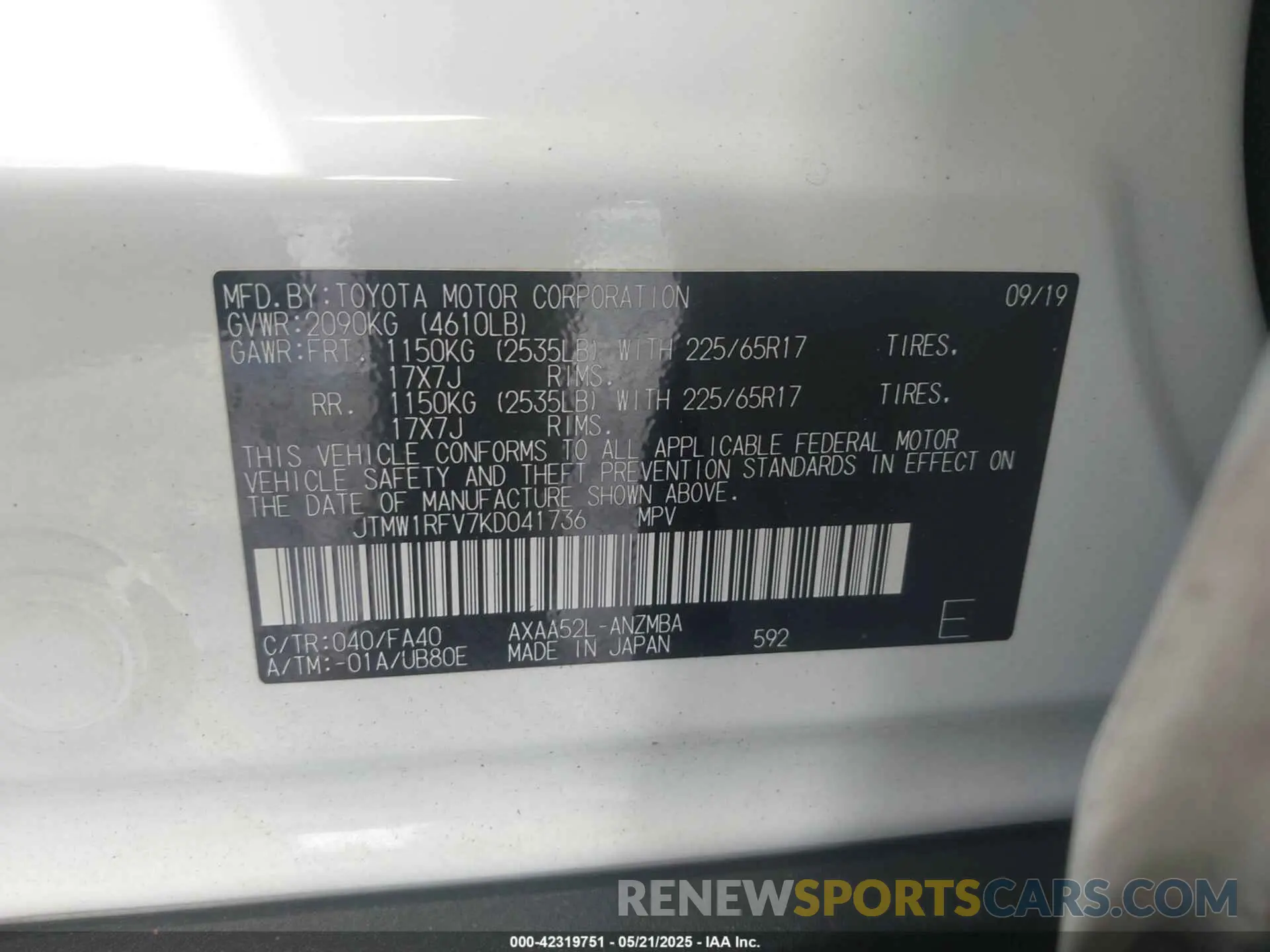 9 fotografías del automóvil dañado JTMW1RFV7KD041736 TOYOTA RAV4 2019