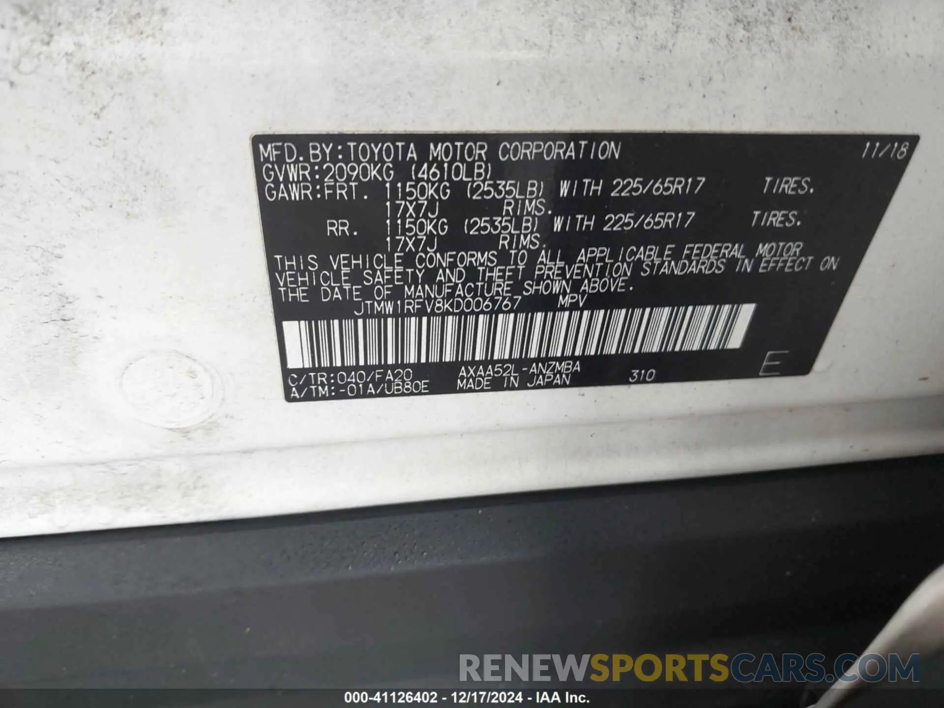 9 fotografías del automóvil dañado JTMW1RFV8KD006767 TOYOTA RAV4 2019