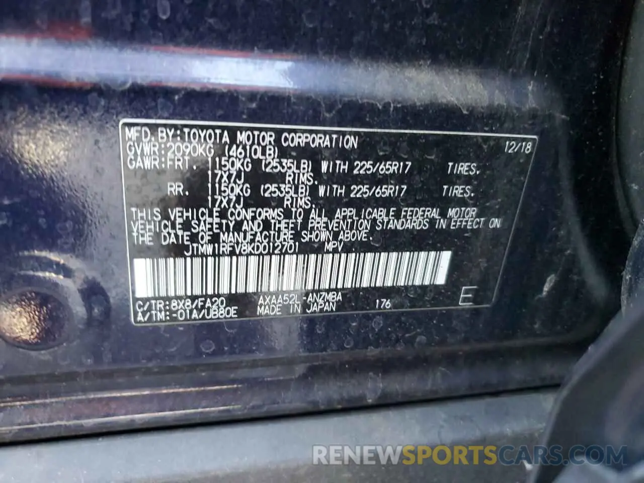 12 fotografías del automóvil dañado JTMW1RFV8KD012701 TOYOTA RAV4 2019