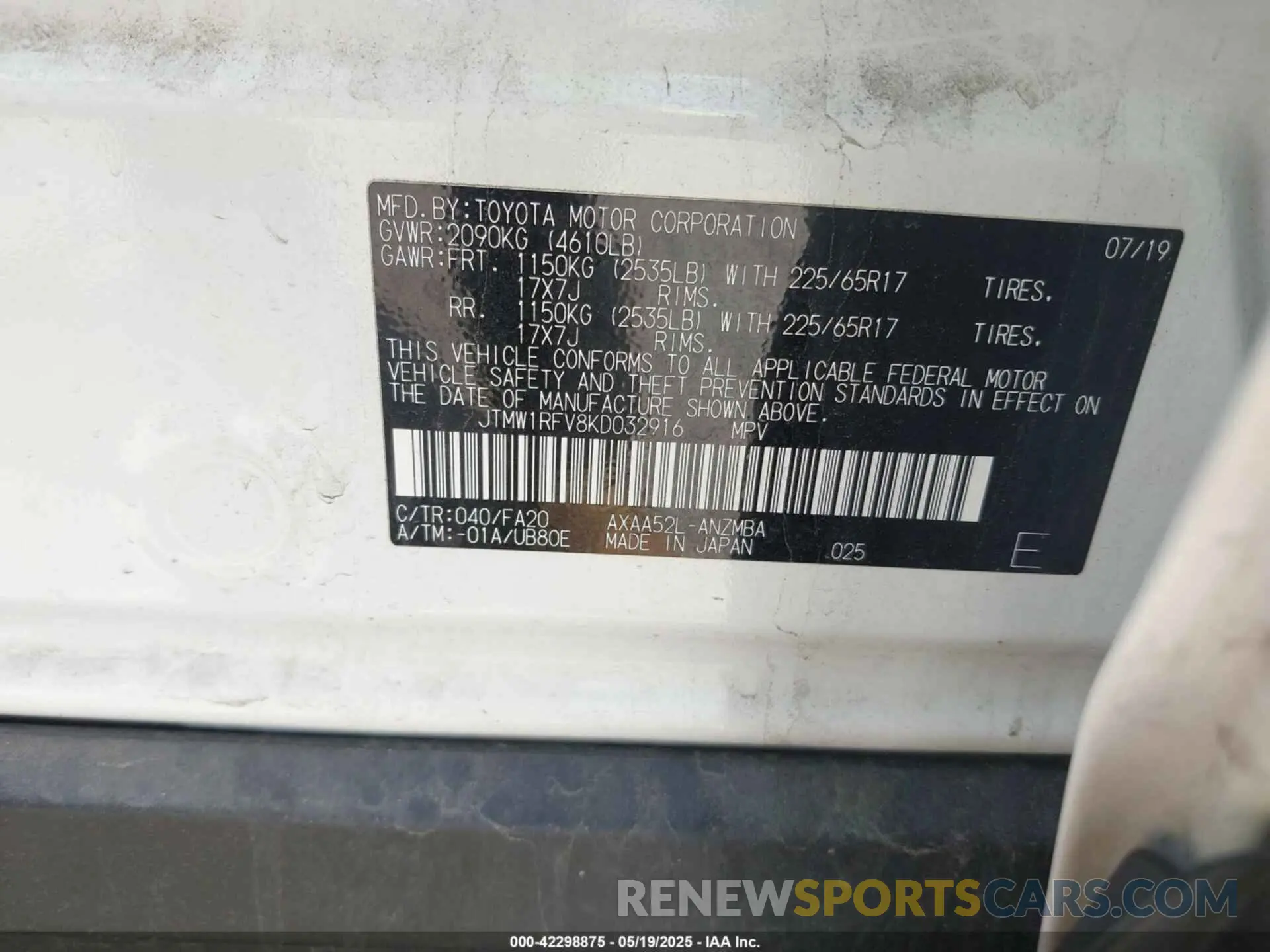 9 fotografías del automóvil dañado JTMW1RFV8KD032916 TOYOTA RAV4 2019