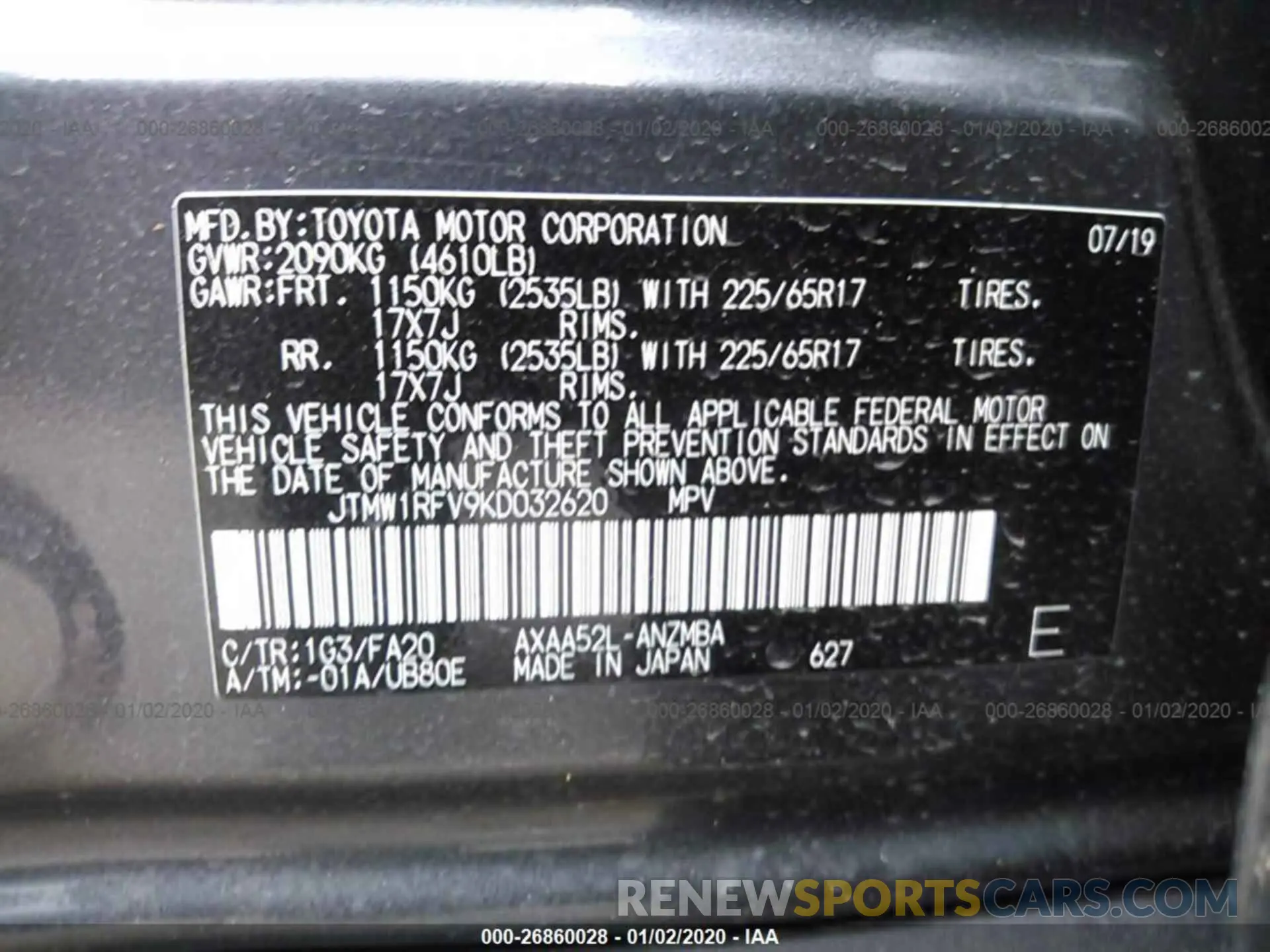 9 fotografías del automóvil dañado JTMW1RFV9KD032620 TOYOTA RAV4 2019