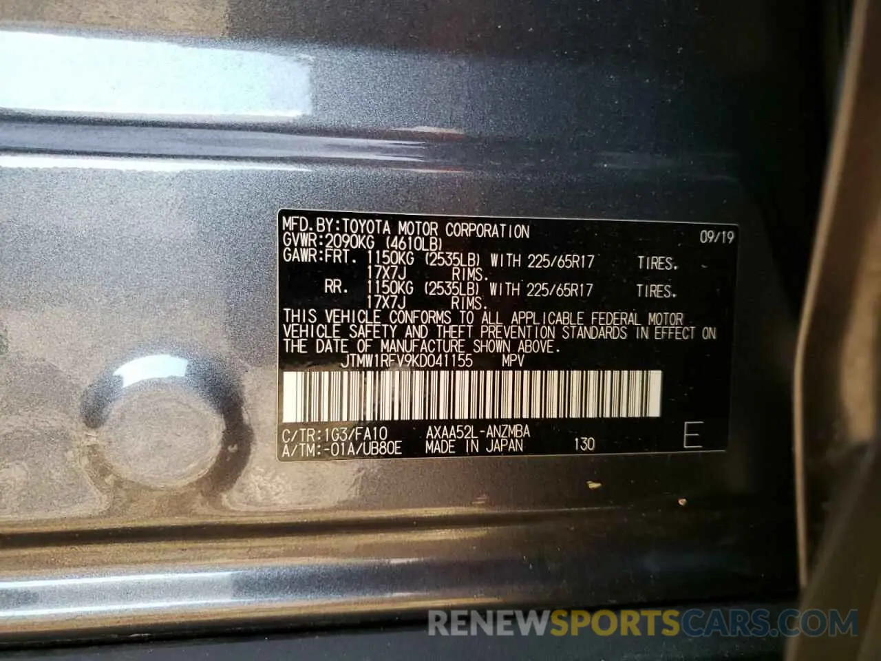 13 fotografías del automóvil dañado JTMW1RFV9KD041155 TOYOTA RAV4 2019