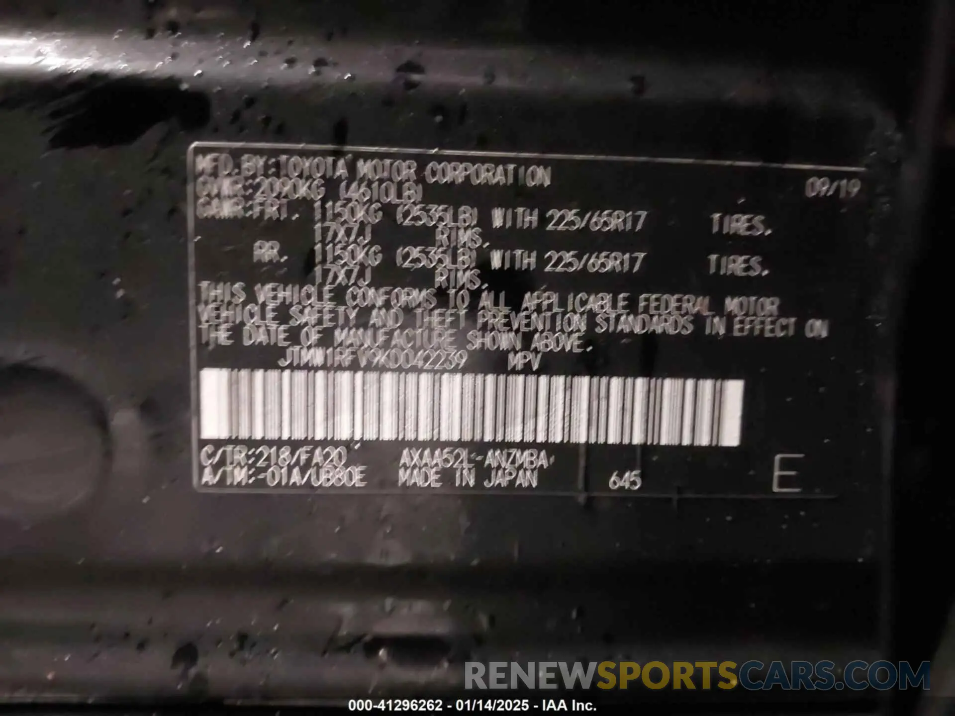 9 fotografías del automóvil dañado JTMW1RFV9KD042239 TOYOTA RAV4 2019