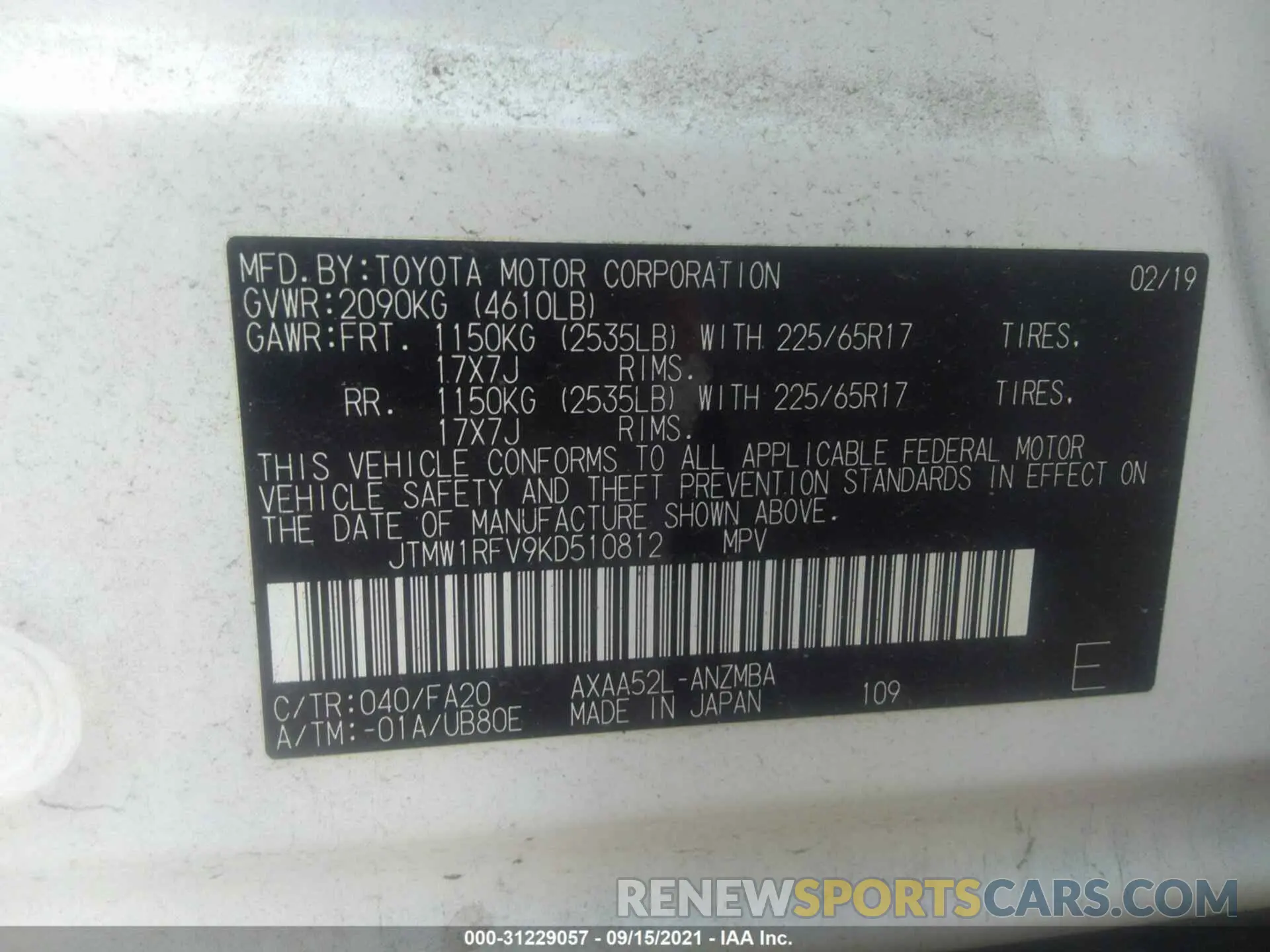 9 fotografías del automóvil dañado JTMW1RFV9KD510812 TOYOTA RAV4 2019