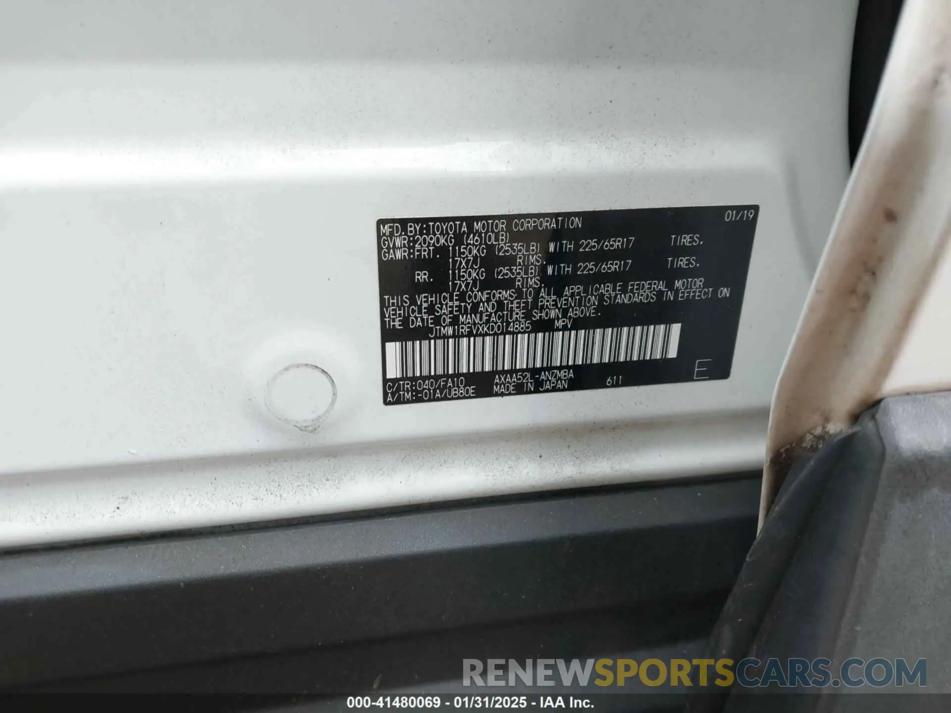 9 fotografías del automóvil dañado JTMW1RFVXKD014885 TOYOTA RAV4 2019