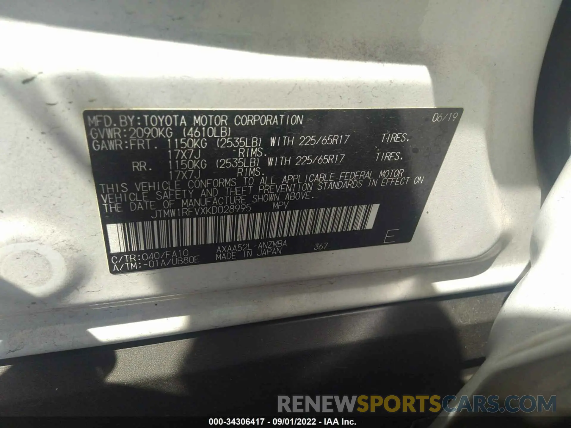 9 fotografías del automóvil dañado JTMW1RFVXKD028995 TOYOTA RAV4 2019