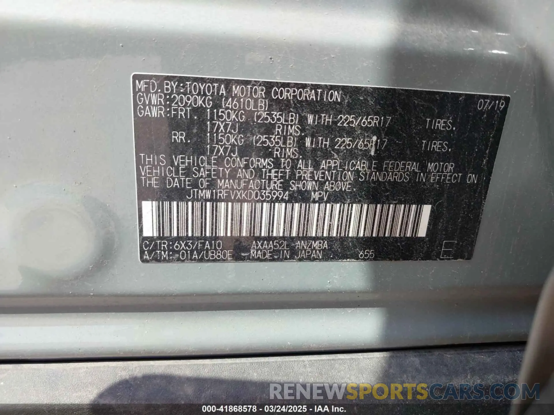 9 fotografías del automóvil dañado JTMW1RFVXKD035994 TOYOTA RAV4 2019