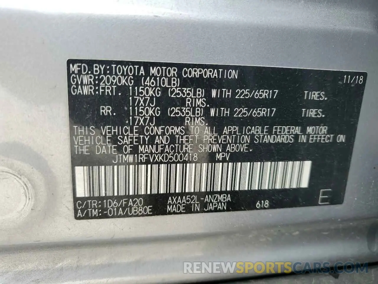 14 fotografías del automóvil dañado JTMW1RFVXKD500418 TOYOTA RAV4 2019