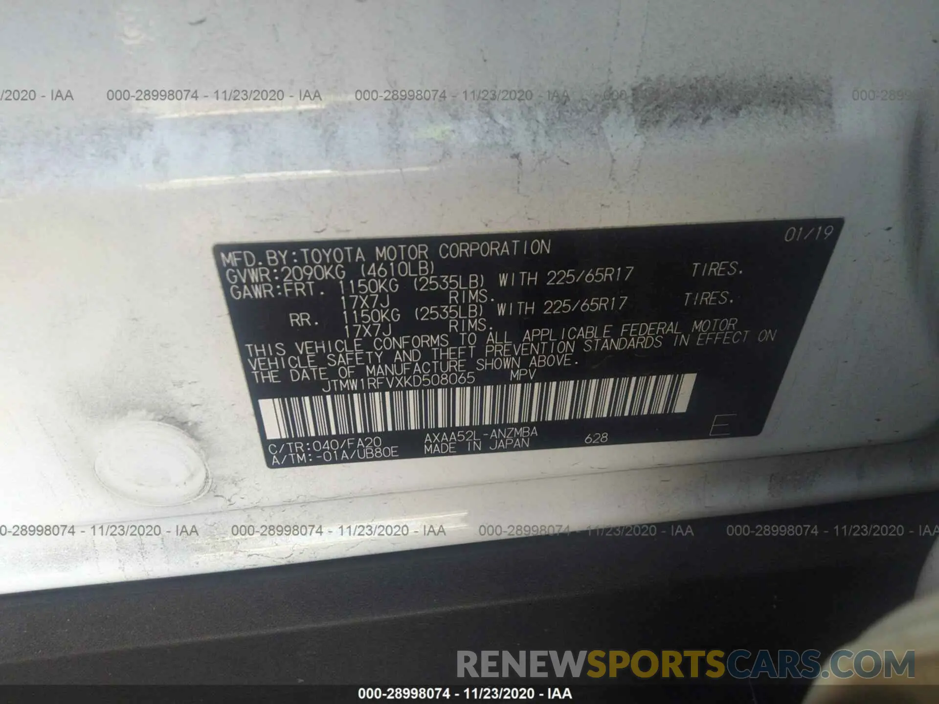 9 fotografías del automóvil dañado JTMW1RFVXKD508065 TOYOTA RAV4 2019