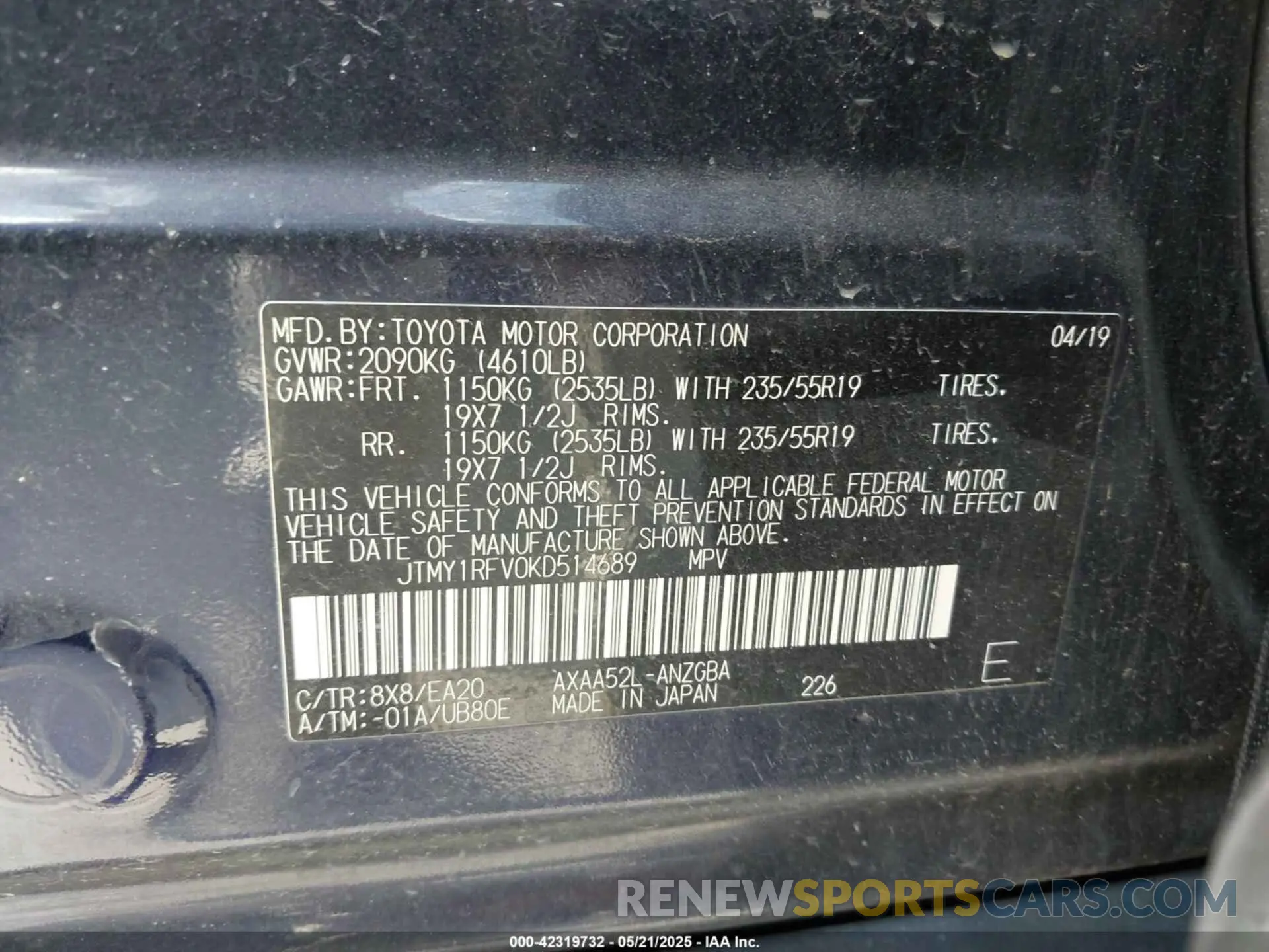 9 fotografías del automóvil dañado JTMY1RFV0KD514689 TOYOTA RAV4 2019