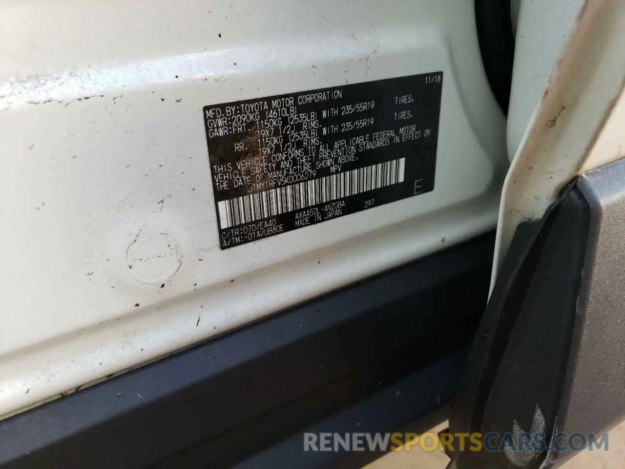 10 fotografías del automóvil dañado JTMY1RFV5KD006279 TOYOTA RAV4 2019