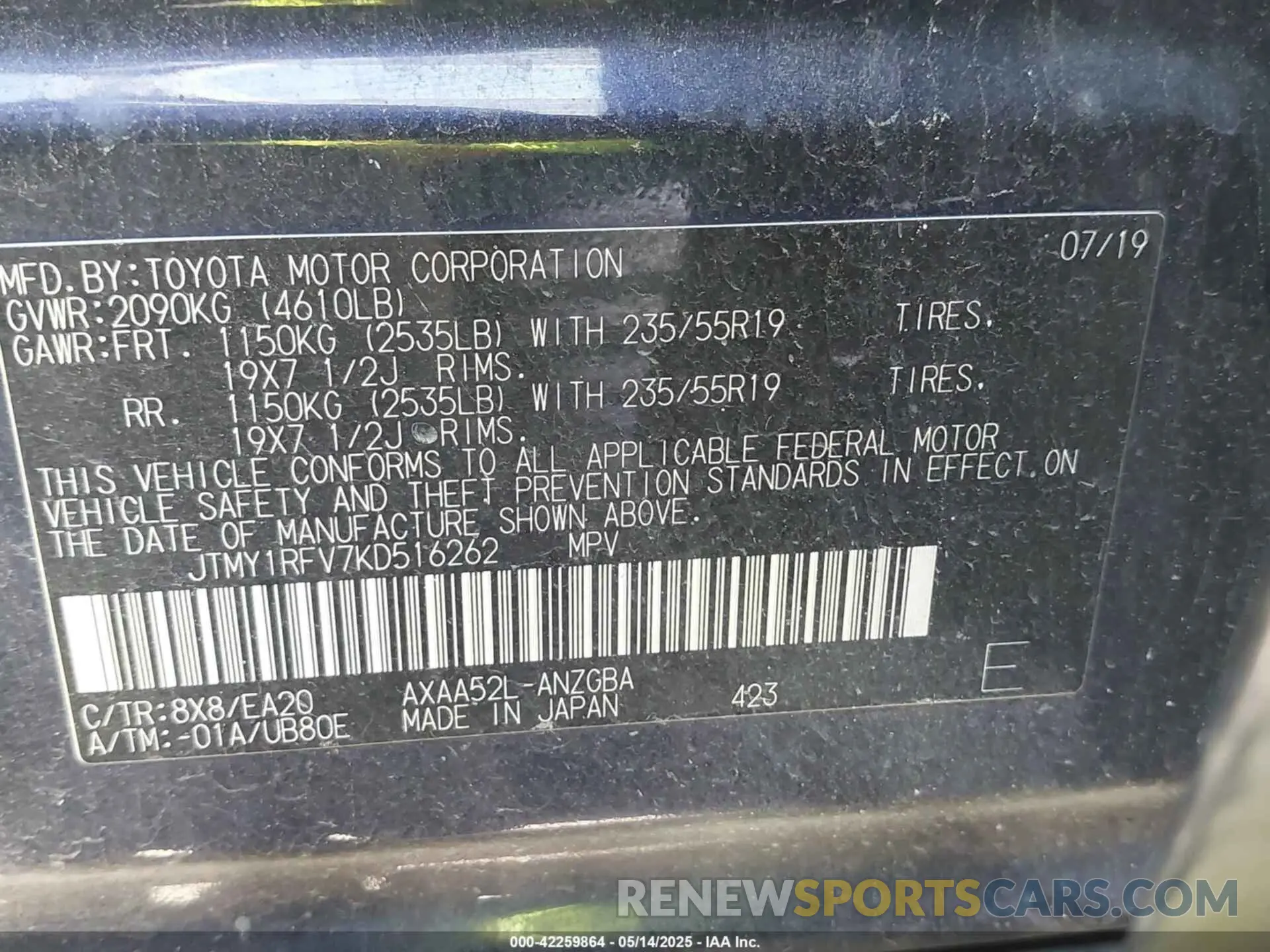 9 fotografías del automóvil dañado JTMY1RFV7KD516262 TOYOTA RAV4 2019