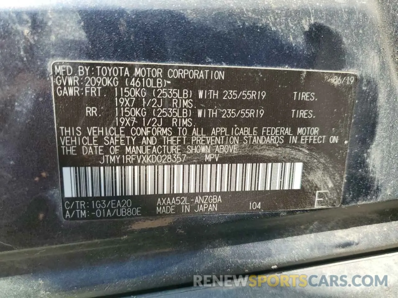 14 fotografías del automóvil dañado JTMY1RFVXKD028357 TOYOTA RAV4 2019