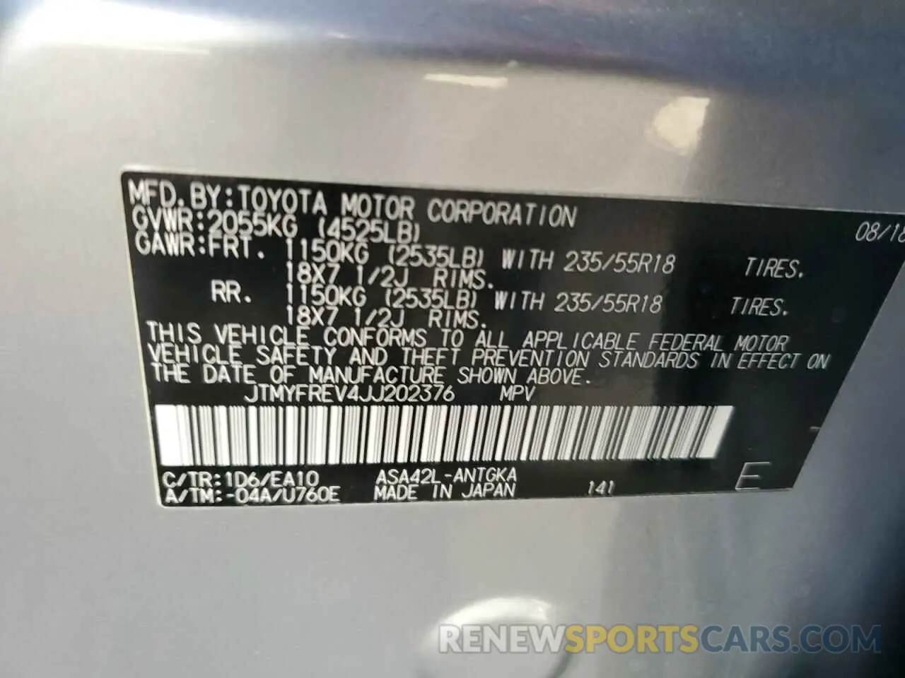 14 fotografías del automóvil dañado JTMYFREV4JJ202376 TOYOTA RAV4 2019