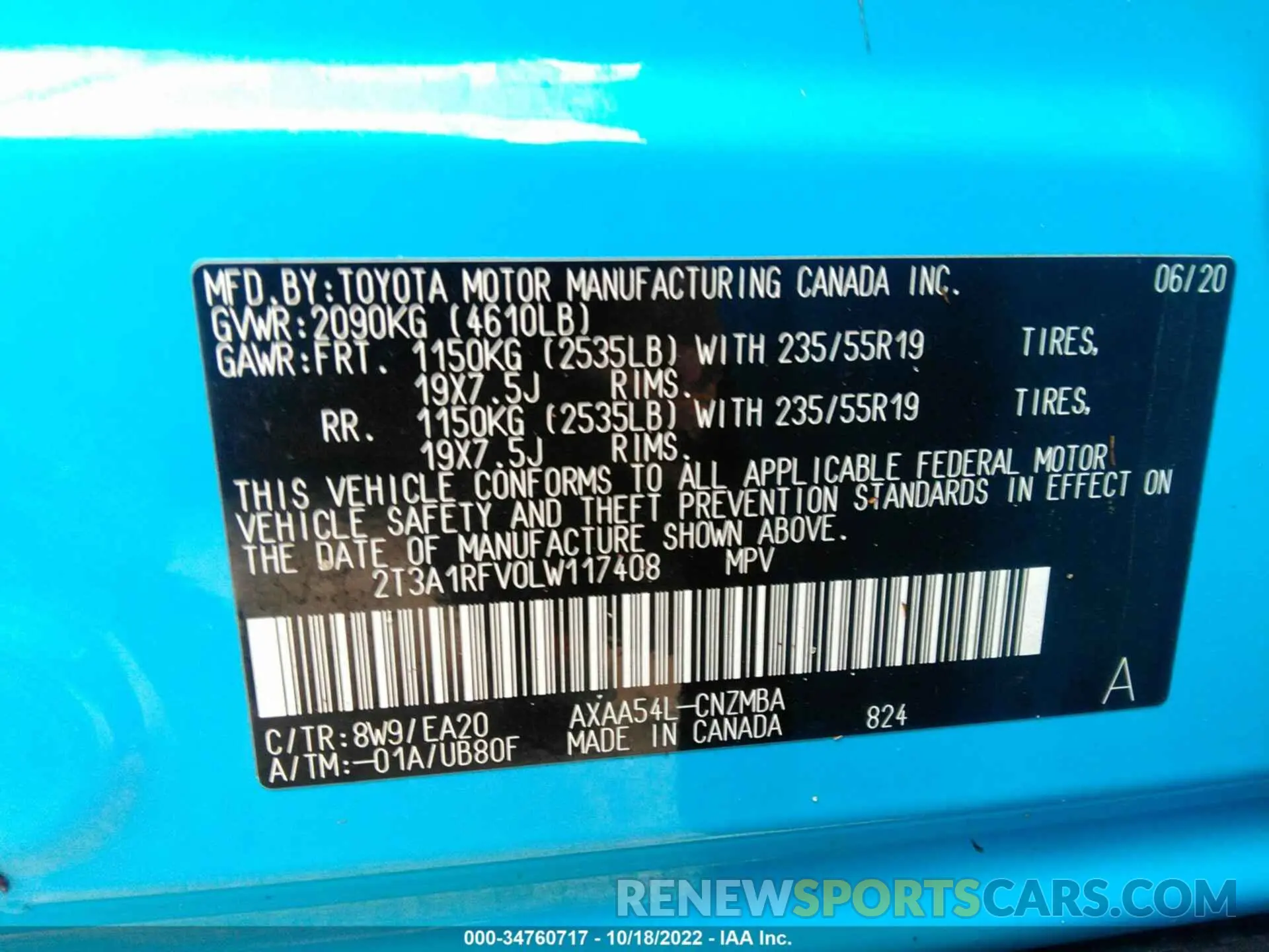 9 fotografías del automóvil dañado 2T3A1RFV0LW117408 TOYOTA RAV4 2020