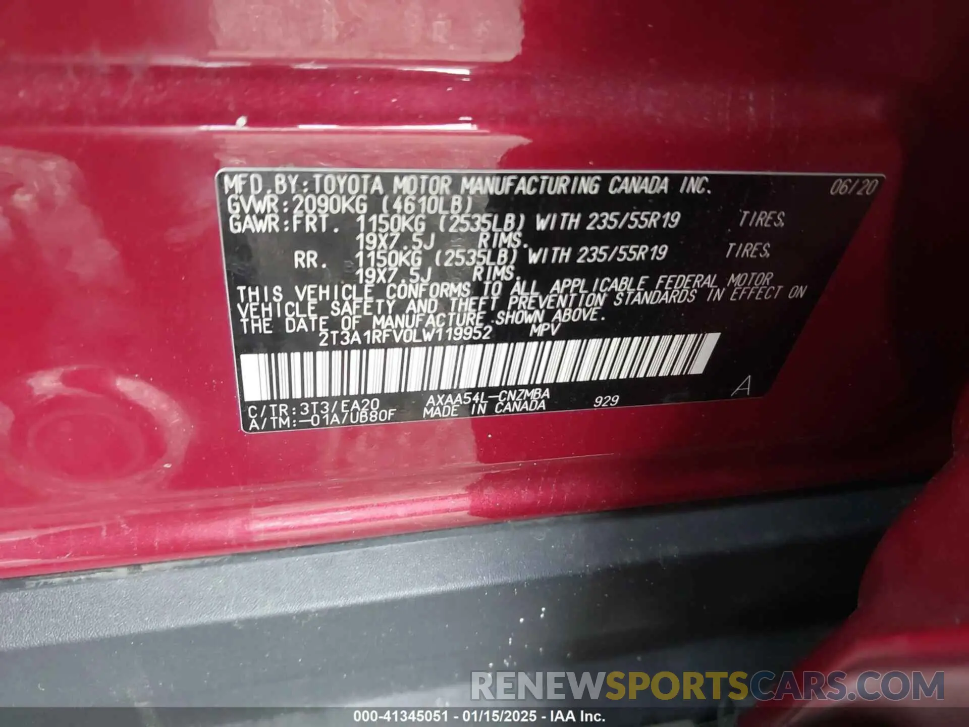 9 fotografías del automóvil dañado 2T3A1RFV0LW119952 TOYOTA RAV4 2020