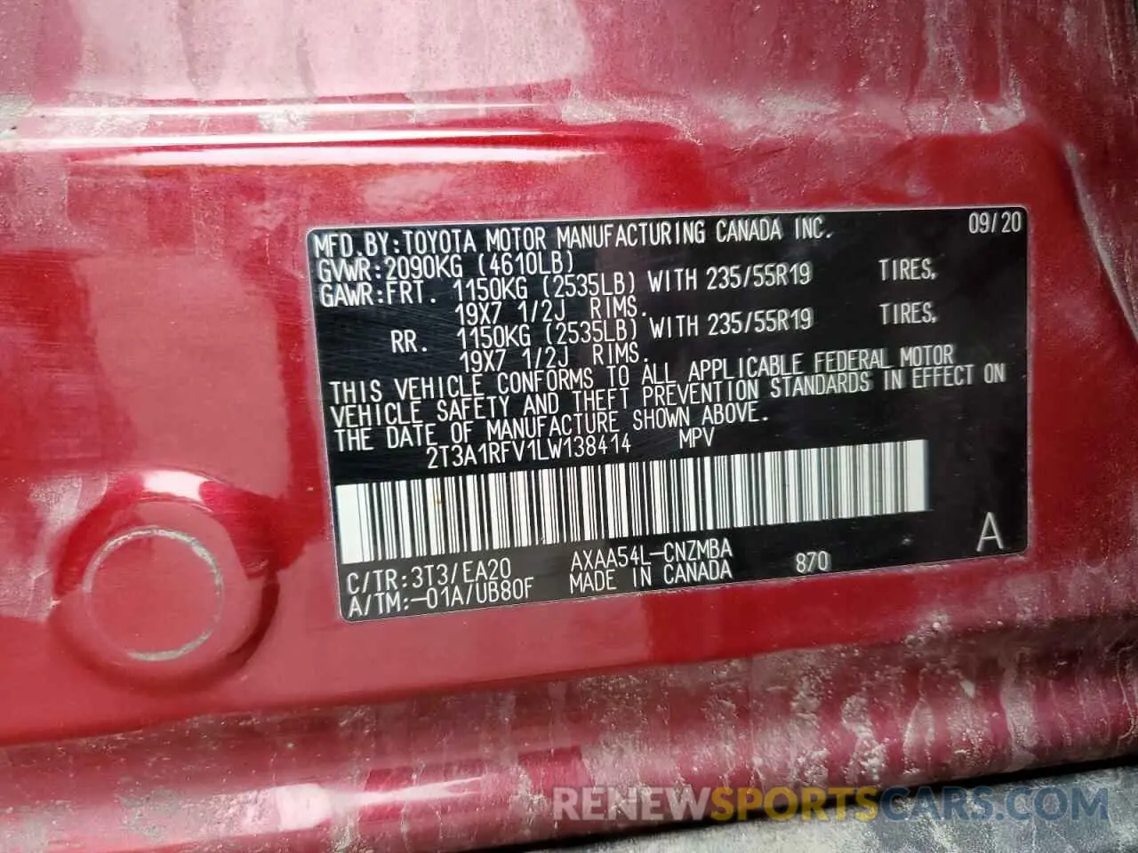 13 fotografías del automóvil dañado 2T3A1RFV1LW138414 TOYOTA RAV4 2020