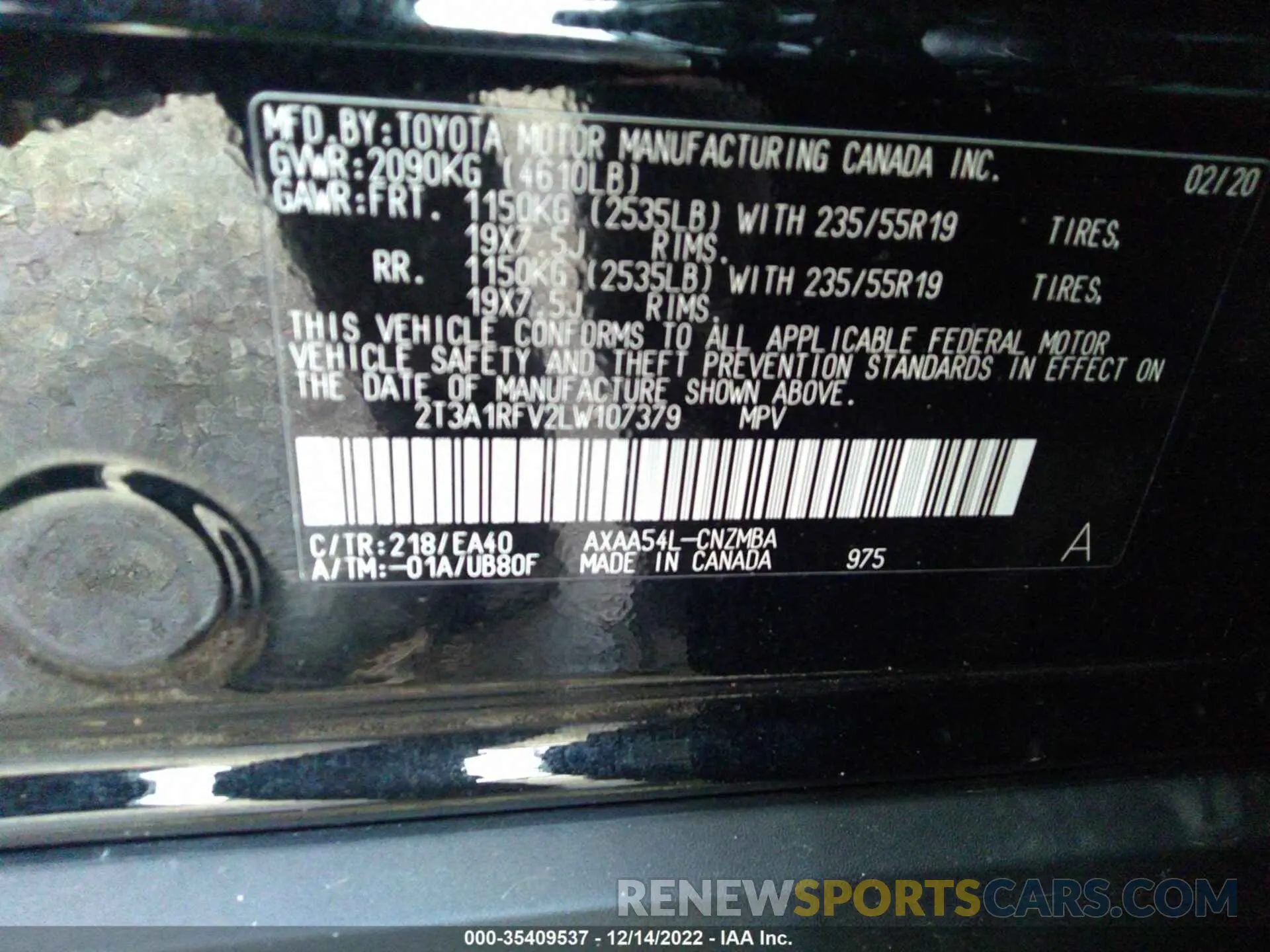9 fotografías del automóvil dañado 2T3A1RFV2LW107379 TOYOTA RAV4 2020