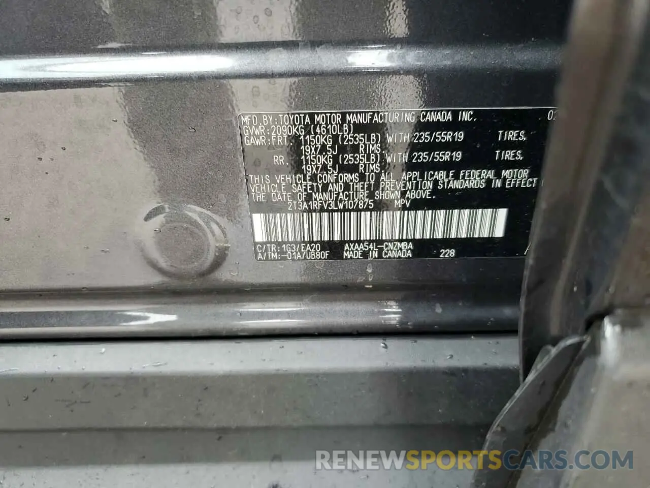 12 fotografías del automóvil dañado 2T3A1RFV3LW107875 TOYOTA RAV4 2020