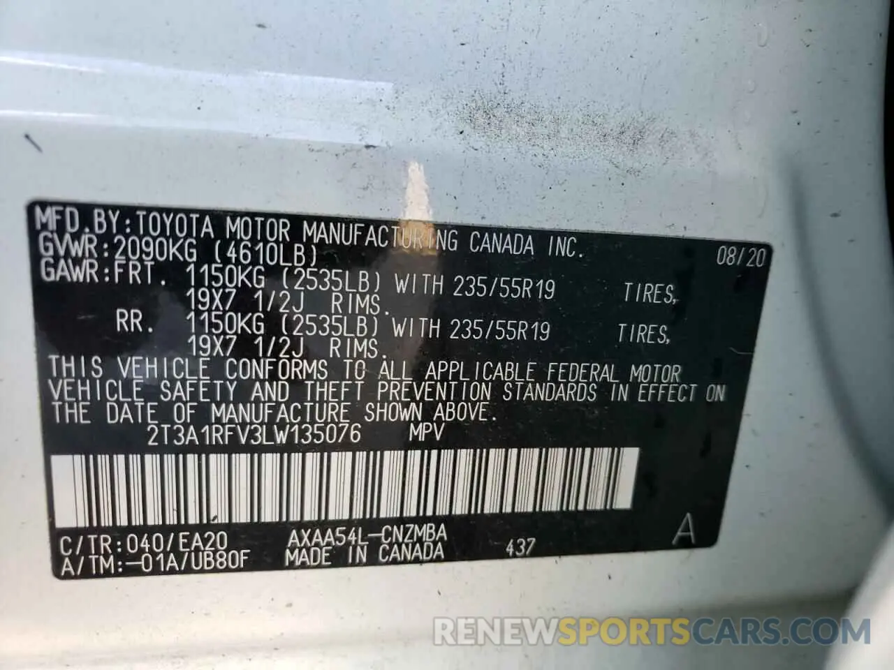 10 fotografías del automóvil dañado 2T3A1RFV3LW135076 TOYOTA RAV4 2020