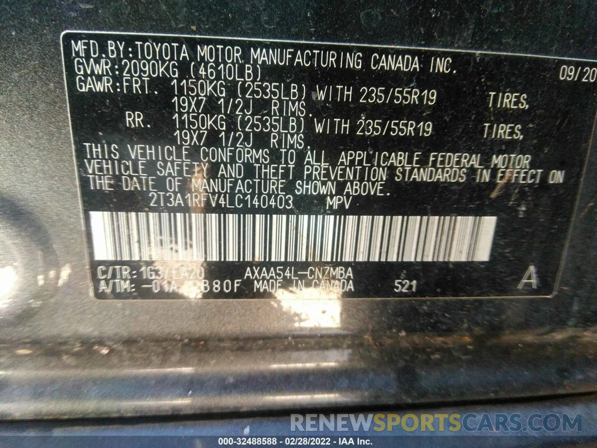 9 fotografías del automóvil dañado 2T3A1RFV4LC140403 TOYOTA RAV4 2020