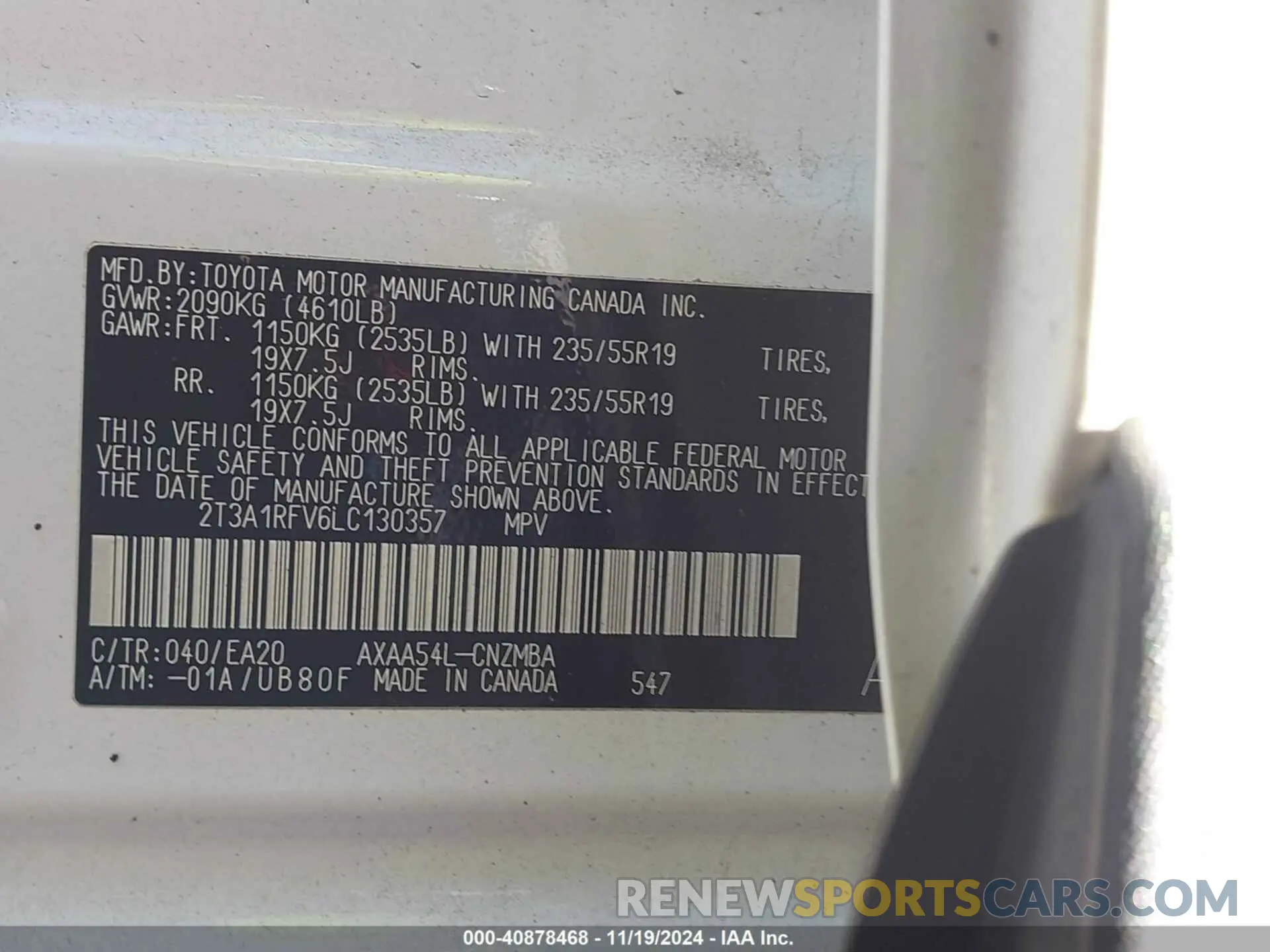 9 fotografías del automóvil dañado 2T3A1RFV6LC130357 TOYOTA RAV4 2020