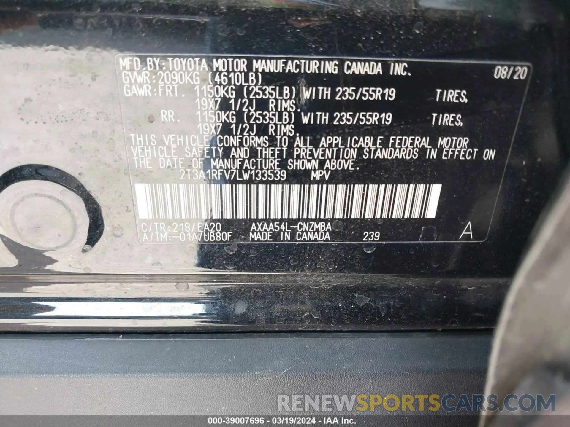 9 fotografías del automóvil dañado 2T3A1RFV7LW133539 TOYOTA RAV4 2020