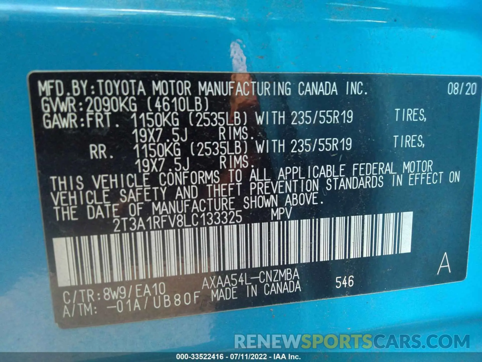 9 fotografías del automóvil dañado 2T3A1RFV8LC133325 TOYOTA RAV4 2020