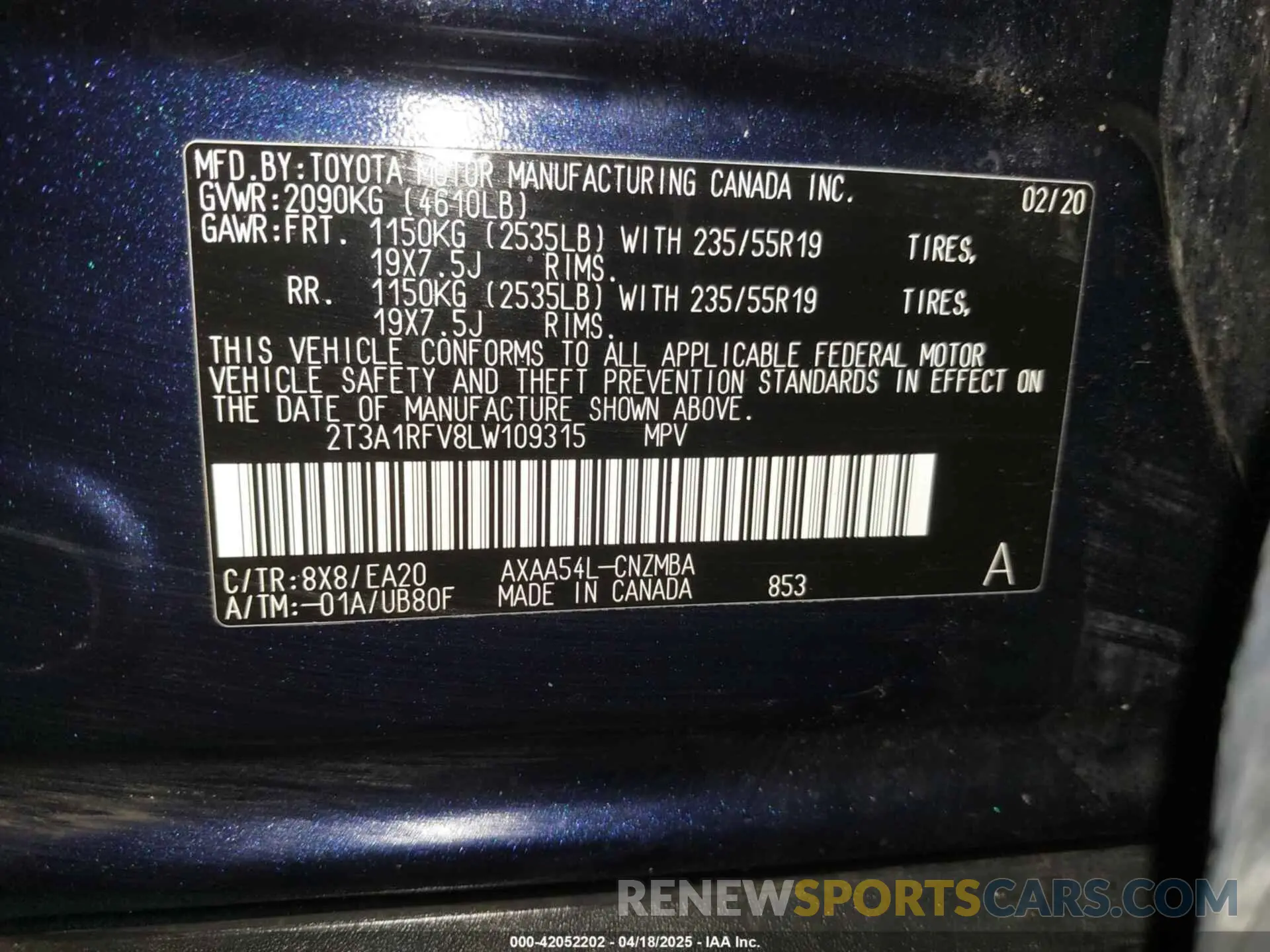 9 fotografías del automóvil dañado 2T3A1RFV8LW109315 TOYOTA RAV4 2020
