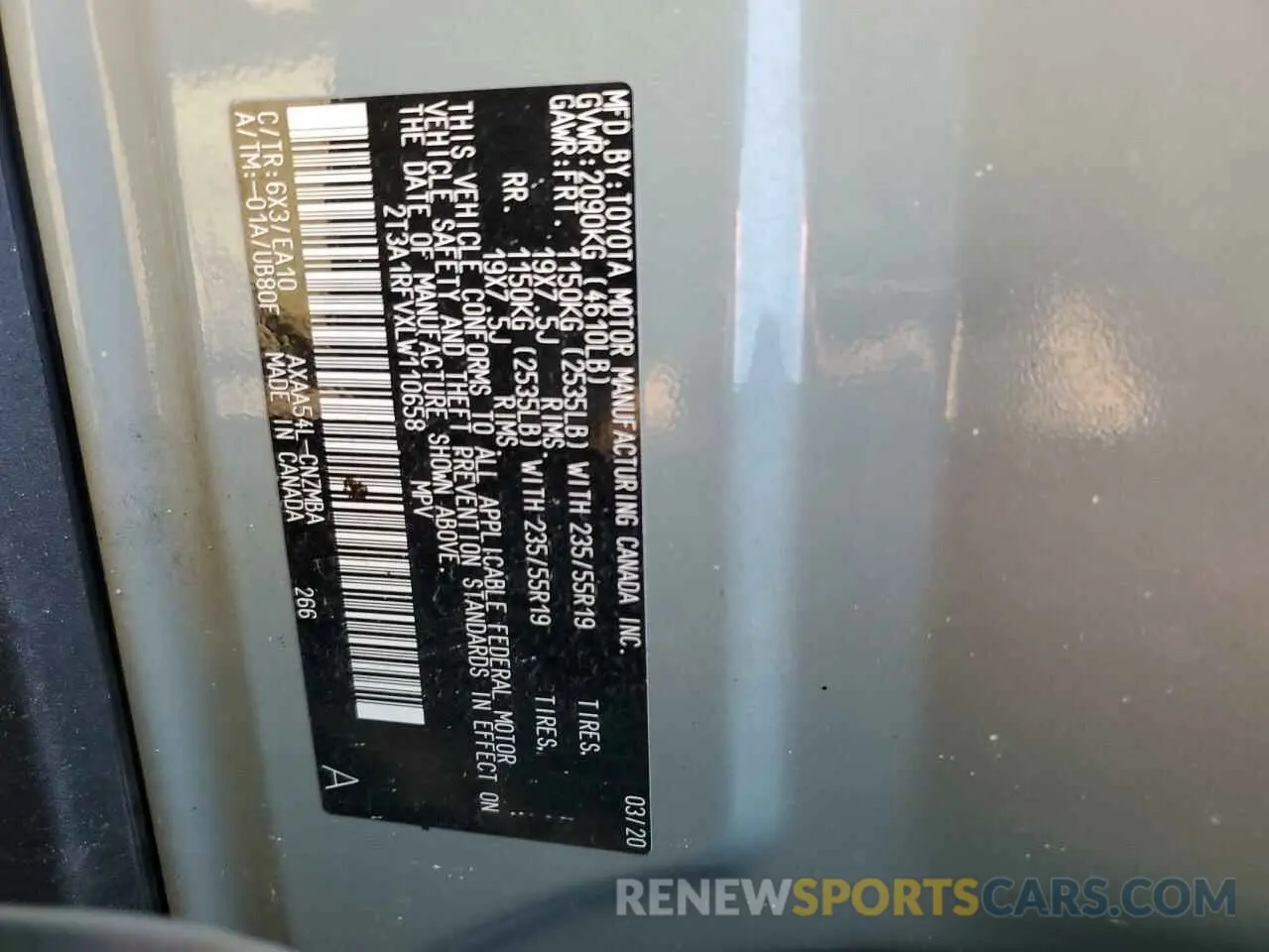 15 fotografías del automóvil dañado 2T3A1RFVXLW110658 TOYOTA RAV4 2020