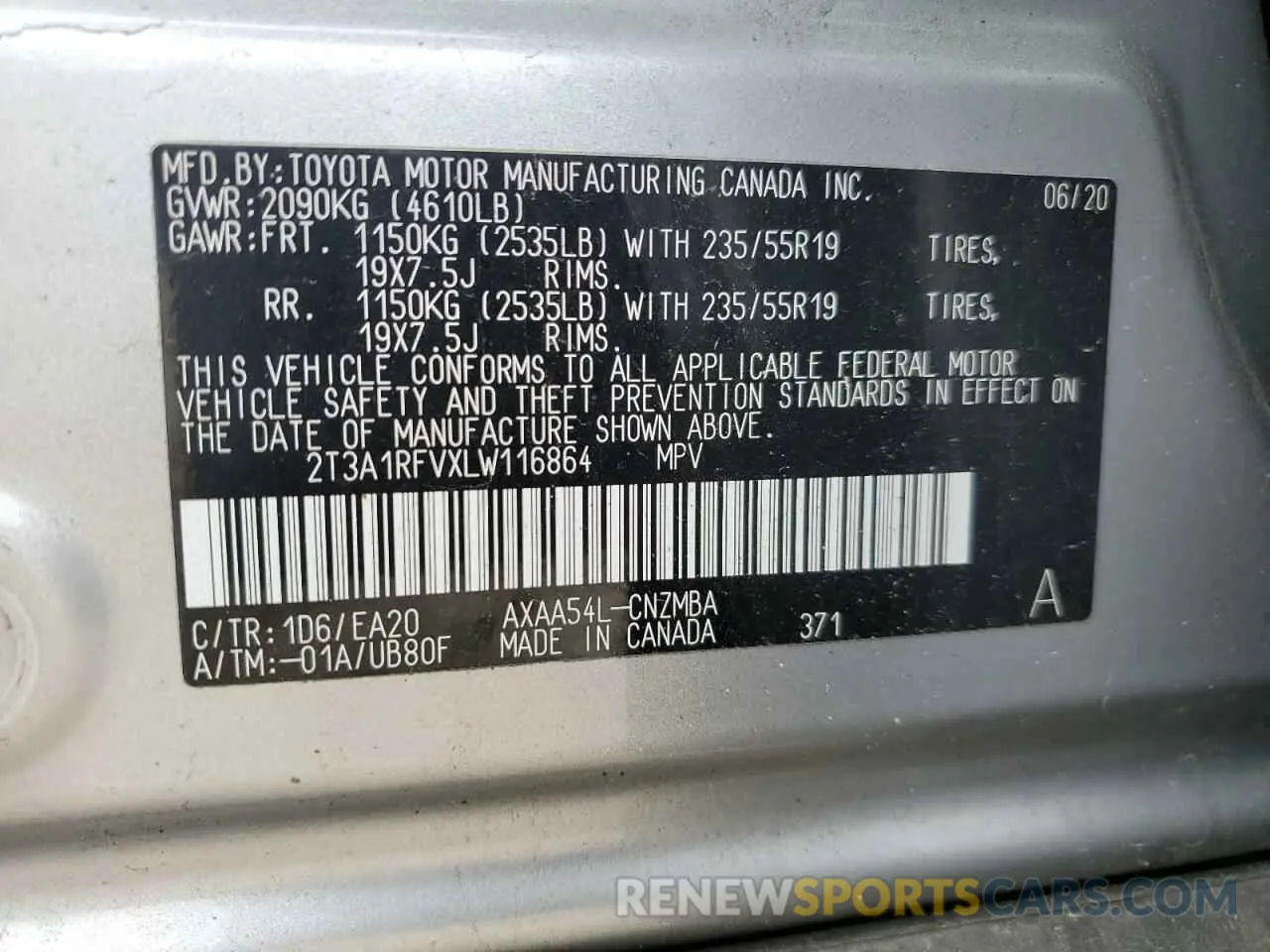 13 fotografías del automóvil dañado 2T3A1RFVXLW116864 TOYOTA RAV4 2020