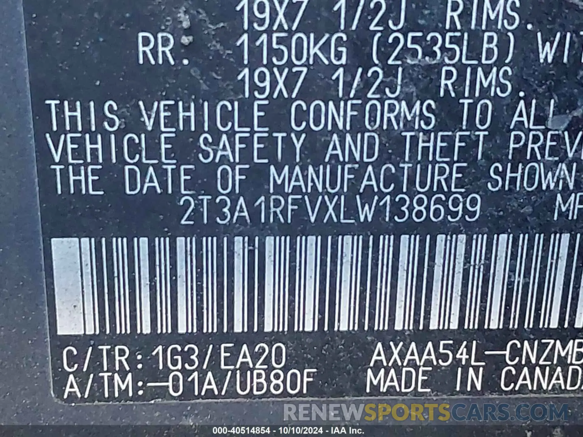 9 fotografías del automóvil dañado 2T3A1RFVXLW138699 TOYOTA RAV4 2020