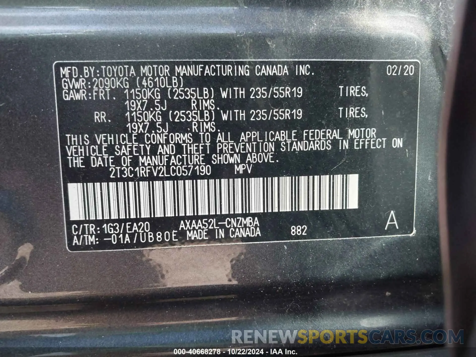 9 fotografías del automóvil dañado 2T3C1RFV2LC057190 TOYOTA RAV4 2020