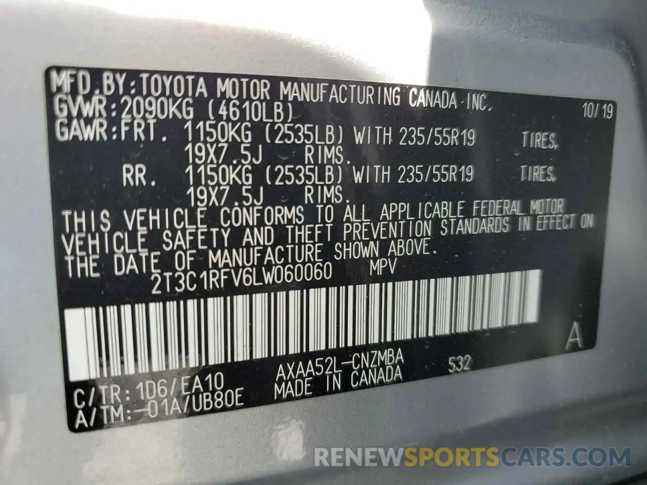 14 fotografías del automóvil dañado 2T3C1RFV6LW060060 TOYOTA RAV4 2020