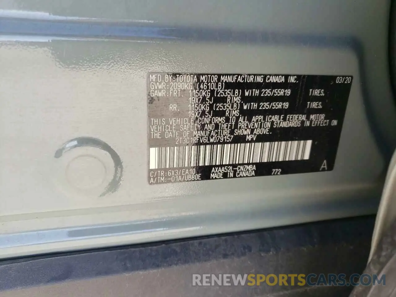 10 fotografías del automóvil dañado 2T3C1RFV6LW079157 TOYOTA RAV4 2020