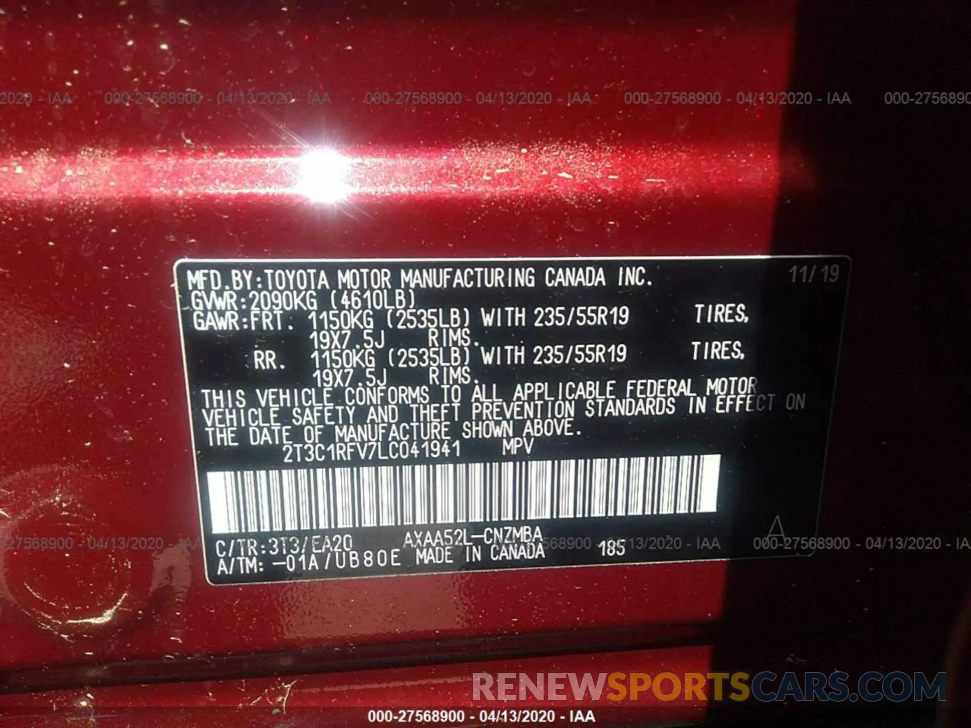 9 fotografías del automóvil dañado 2T3C1RFV7LC041941 TOYOTA RAV4 2020