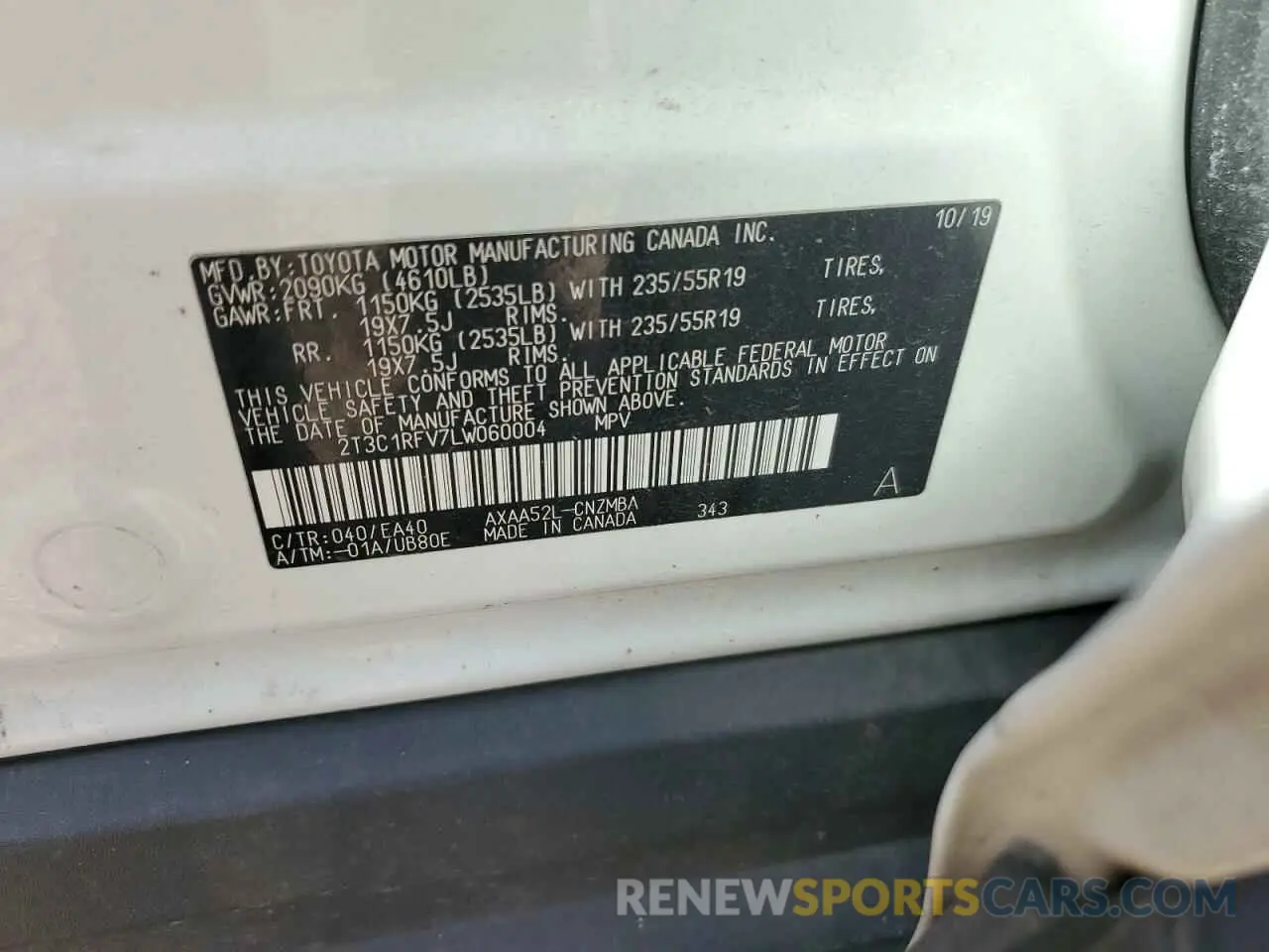 13 fotografías del automóvil dañado 2T3C1RFV7LW060004 TOYOTA RAV4 2020