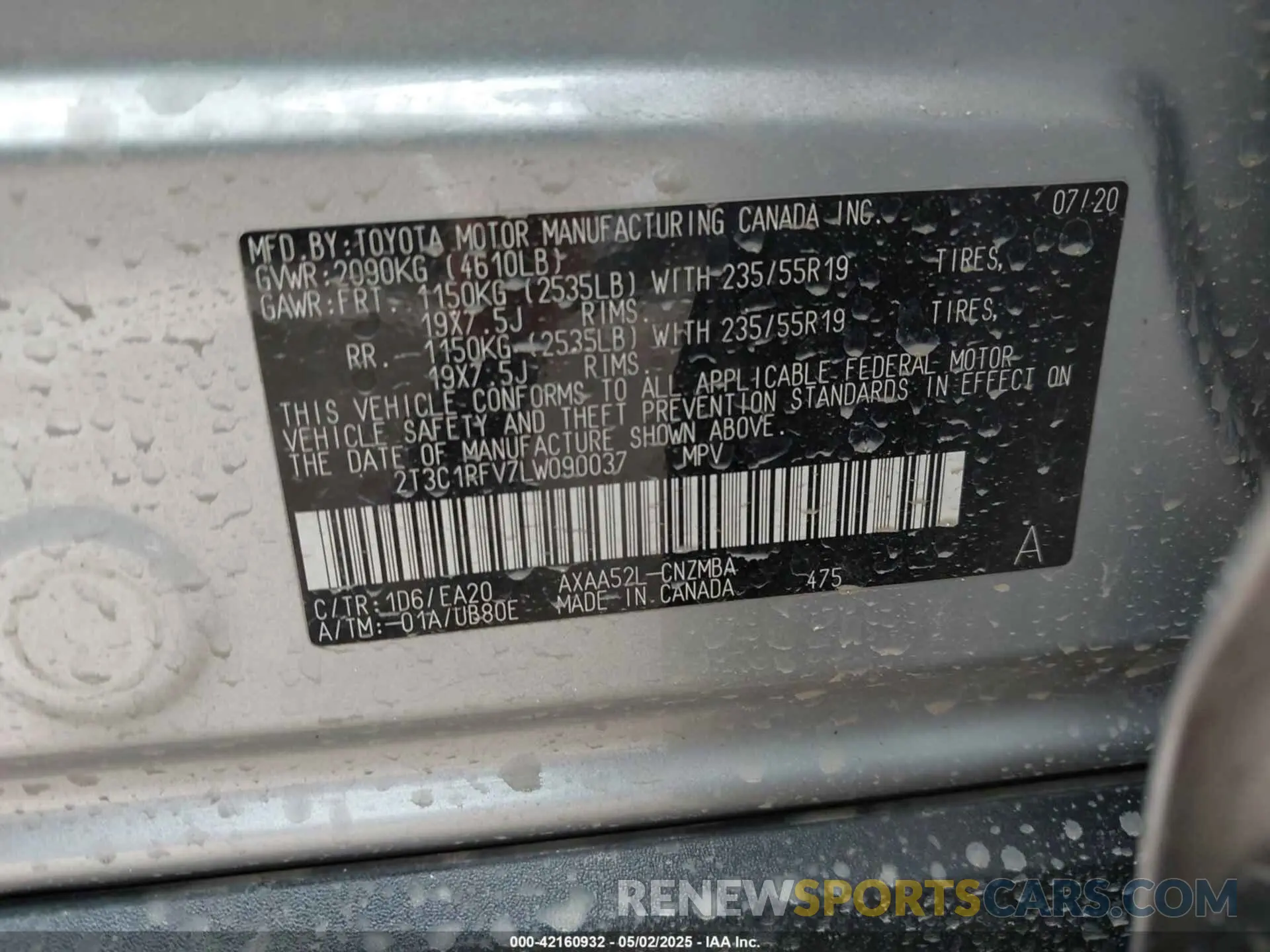 9 fotografías del automóvil dañado 2T3C1RFV7LW090037 TOYOTA RAV4 2020