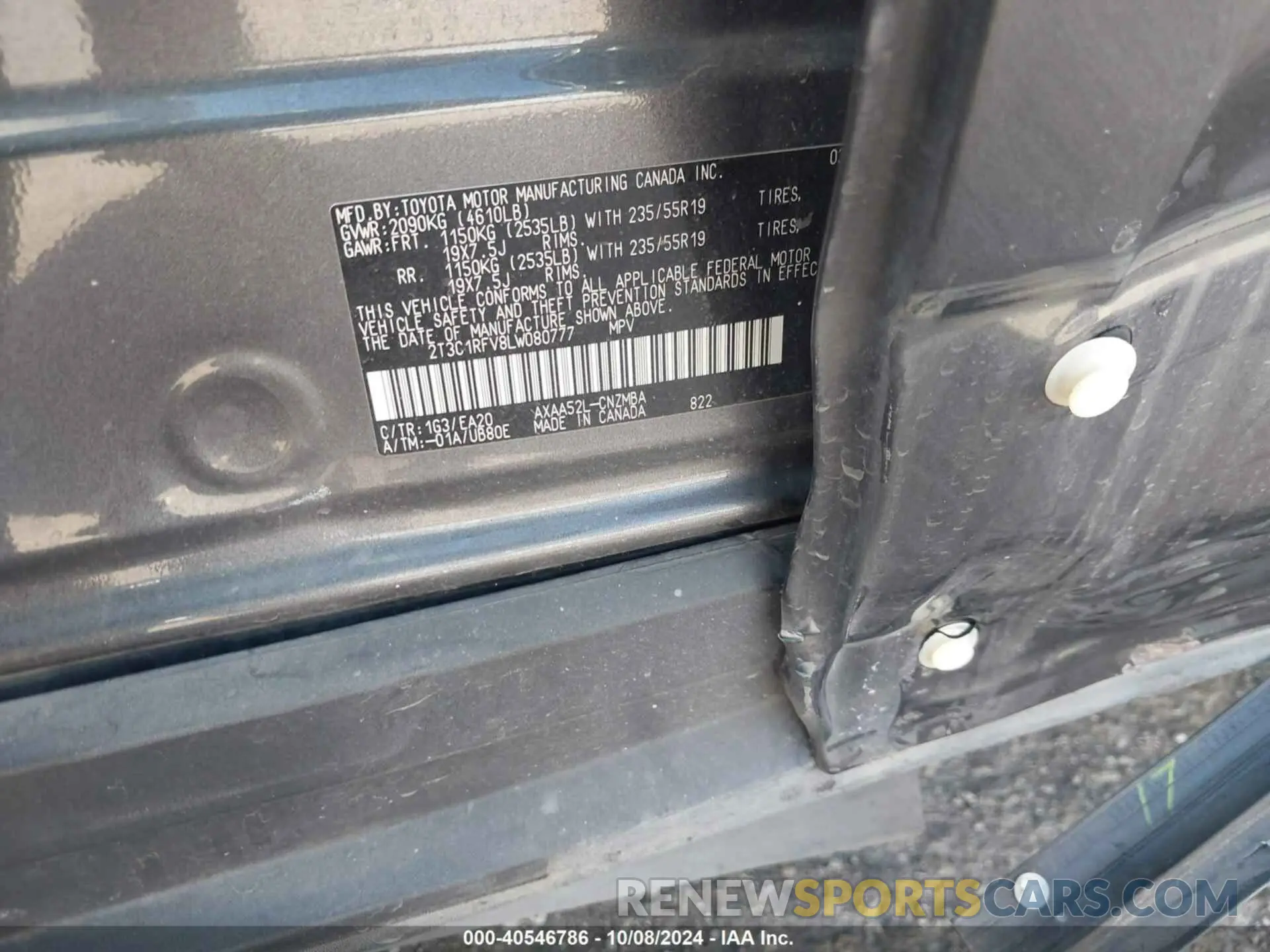 9 fotografías del automóvil dañado 2T3C1RFV8LW080777 TOYOTA RAV4 2020