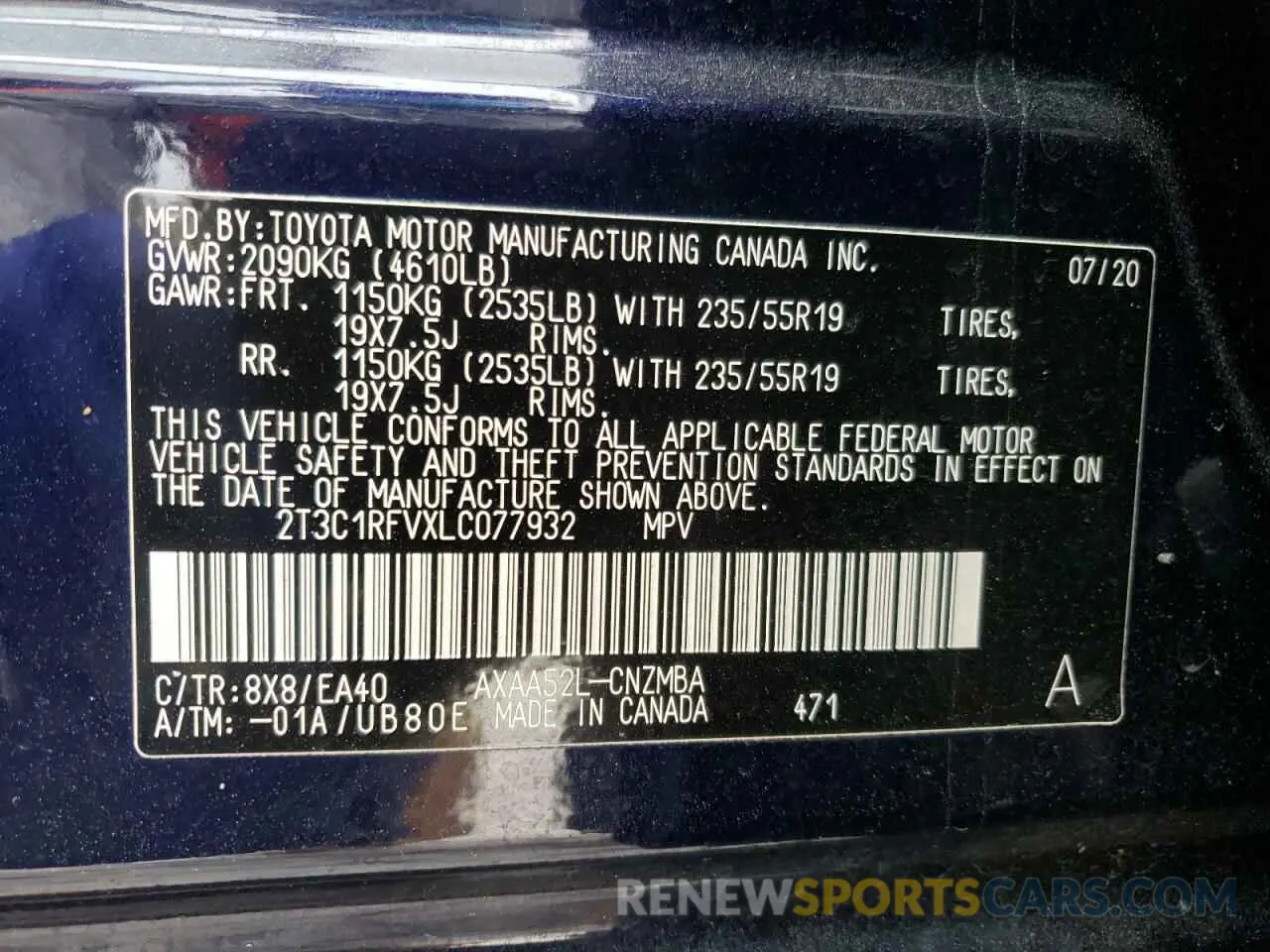 10 fotografías del automóvil dañado 2T3C1RFVXLC077932 TOYOTA RAV4 2020
