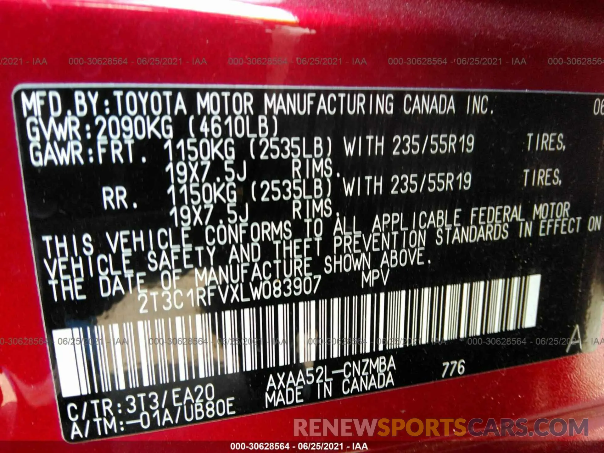 9 fotografías del automóvil dañado 2T3C1RFVXLW083907 TOYOTA RAV4 2020